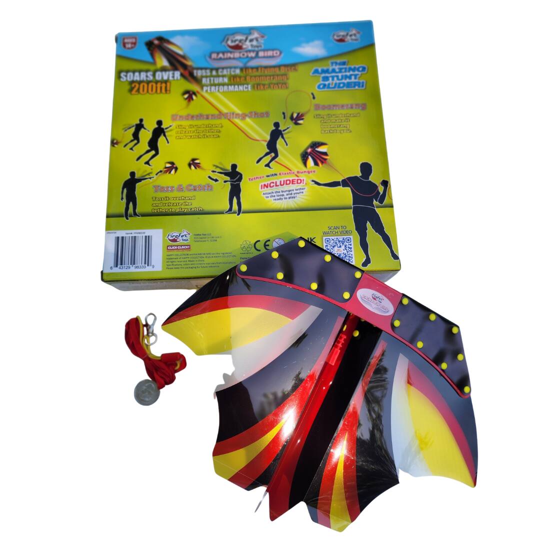 RAINBOW BIRD THE AMAZING STUNTY QUADERI

SOARS OVER 200ft!

TOSS & CATCH like a Boomerang RETURN like a Boomerang PERFORMANCE like a Boomerang

Underhand Sling-Shot

Toss & Catch
Toss underhand and retrieve the catch

INCLUDES elastic Bunges

SCAN TO WATCH VIDEO

CE

The Amazing Stunty Quaderi

Boomerang

Toss & Catch
Toss underhand and retrieve the catch

INCLUDES elastic Bunges

CE

The Amazing Stunty Quaderi

Boomerang

Toss & Catch
Toss underhand and retrieve the catch

INCLUDES elastic Bunges

CE