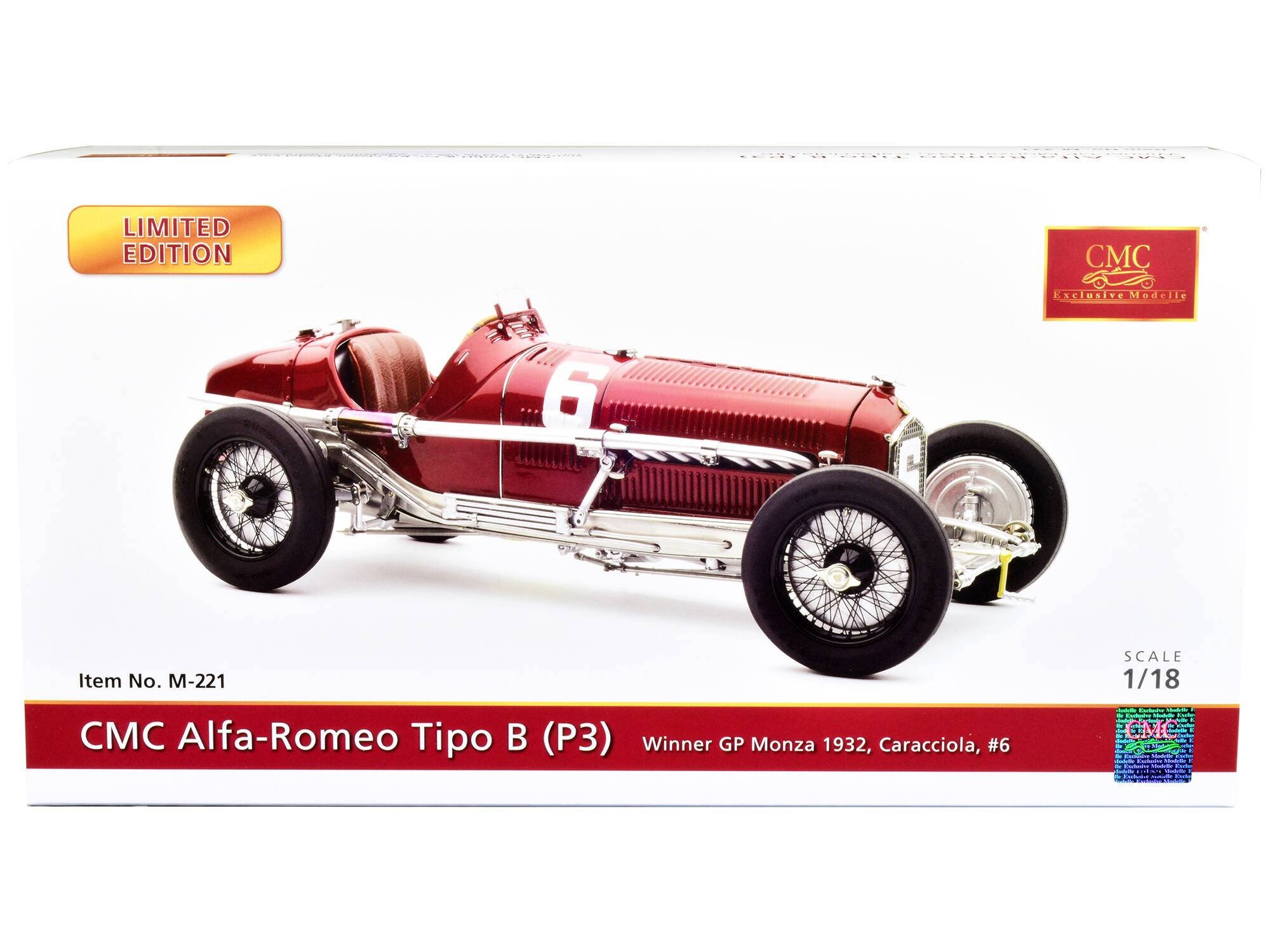 LIMITED EDITION

CMC Exclusive Modell

Item No. M-221

CMC Alfa-Romeo Tipo B (P3) Winner GP Monza 1932, Caracciola, #6

SCALE 1/18