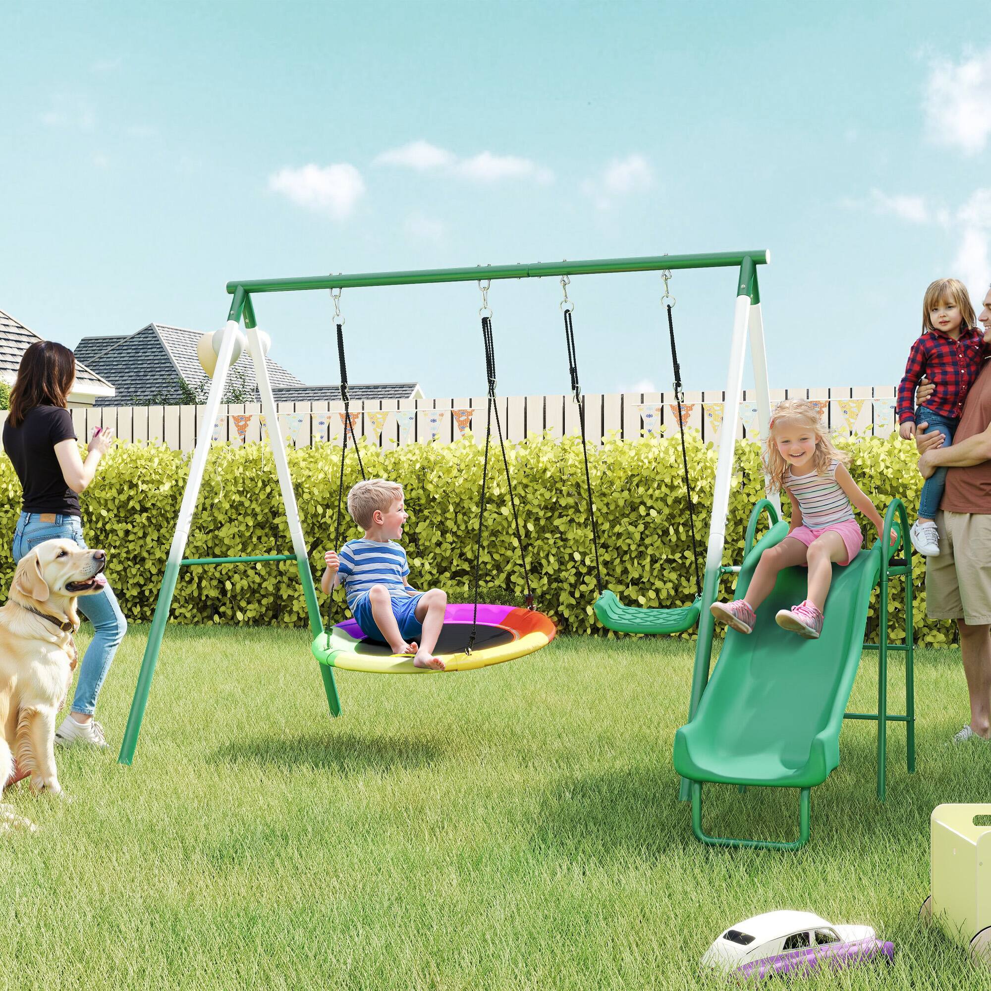 Qaba Swing Set with Slide, Saucer Swing Seat, Heavy Duty A Frame