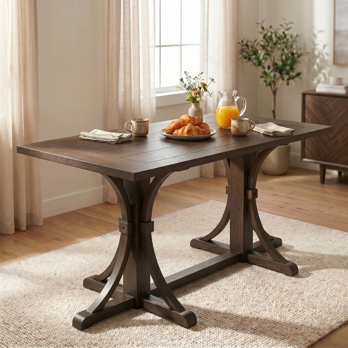 Angle. Loheer - Loheer 60 Inch Dining Table for 6, Rustic Farmhouse Espresso Table with Curved Trestle Base - Espresso.