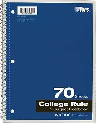 250 43027 1 TOPS  
Fove +65001 62010 TOP5 Ouge  
50451 Made in U.S.A  
70 Sheets College Rule 1 Subject Notebook 10.5" x 8" (26.7cm x 20.3cm)