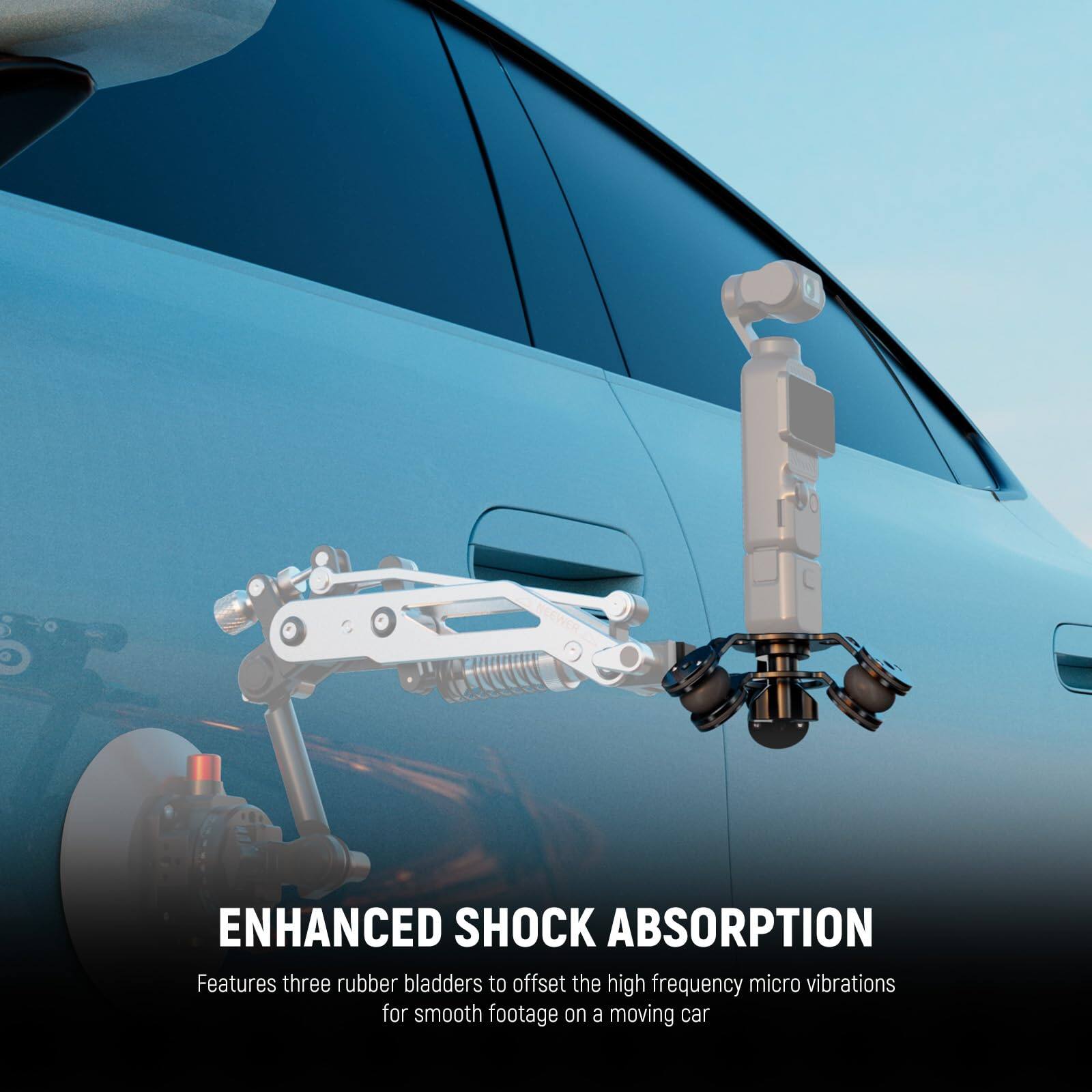 ENHANCED SHOCK ABSORPTION  
Features three rubber bladders to offset the high frequency micro vibrations for smooth footage on a moving car