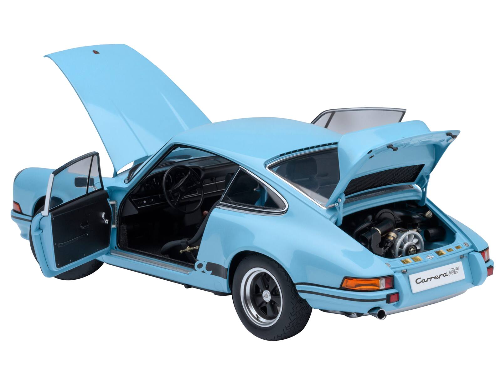 Angle. Autoart - Porsche 911 Carrera 2.7 RS Gulf Blue with Black Stripes and Wheels 1/18 Model Car by Autoart - Blue with Black Stripes.