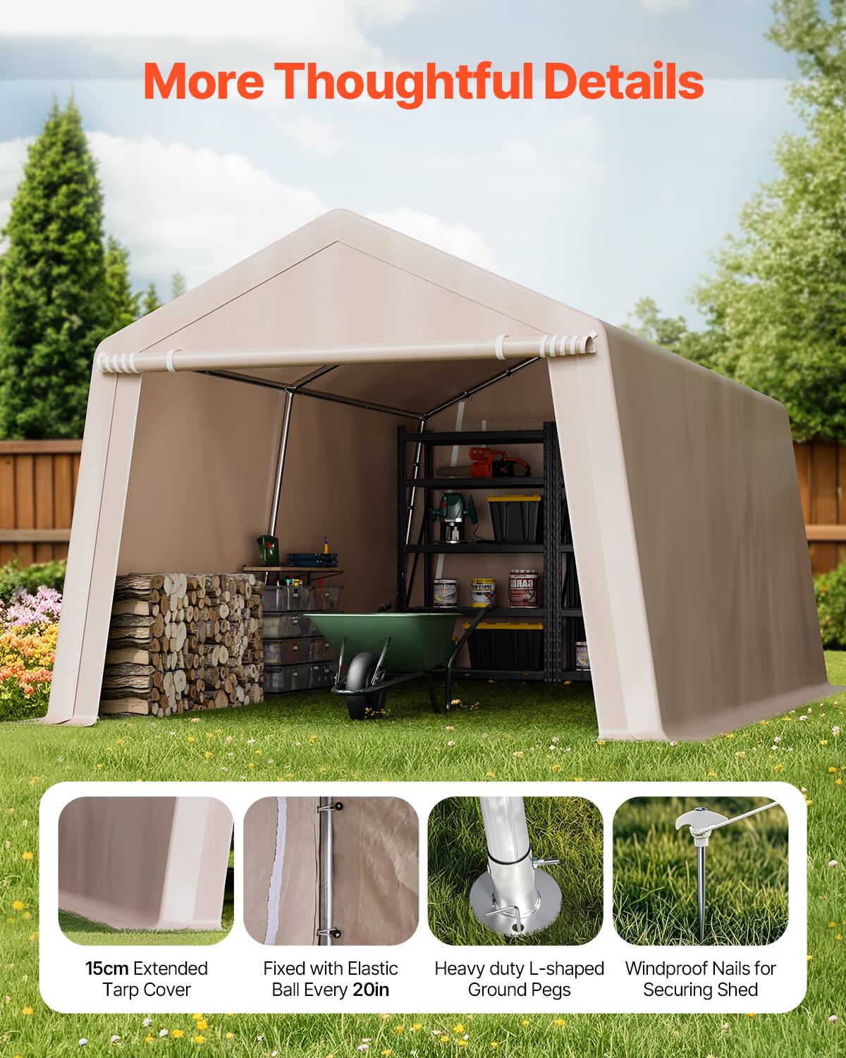 More Thoughtful Details - 15cm Extended Tarp Cover Fixed with Elastic Ball Every 20in Heavy duty L-shaped Ground Pegs Windproof Nails for Securing Shed