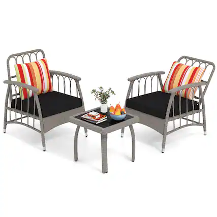Front. Gymax - Gymax 3 PCS Patio PE Wicker Furniture Set w/ 5-Level Adjustable Backrest Bistro Set Outdoor - Black.