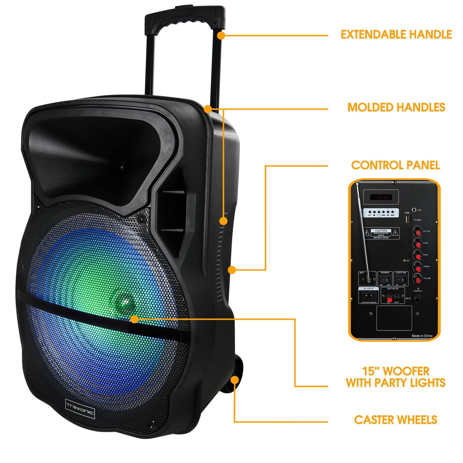 EXTENDABLE HANDLE, MOLDED HANDLES, CONTROL PANEL, 15" WOOFER WITH PARTY LIGHTS, CASTER WHEELS