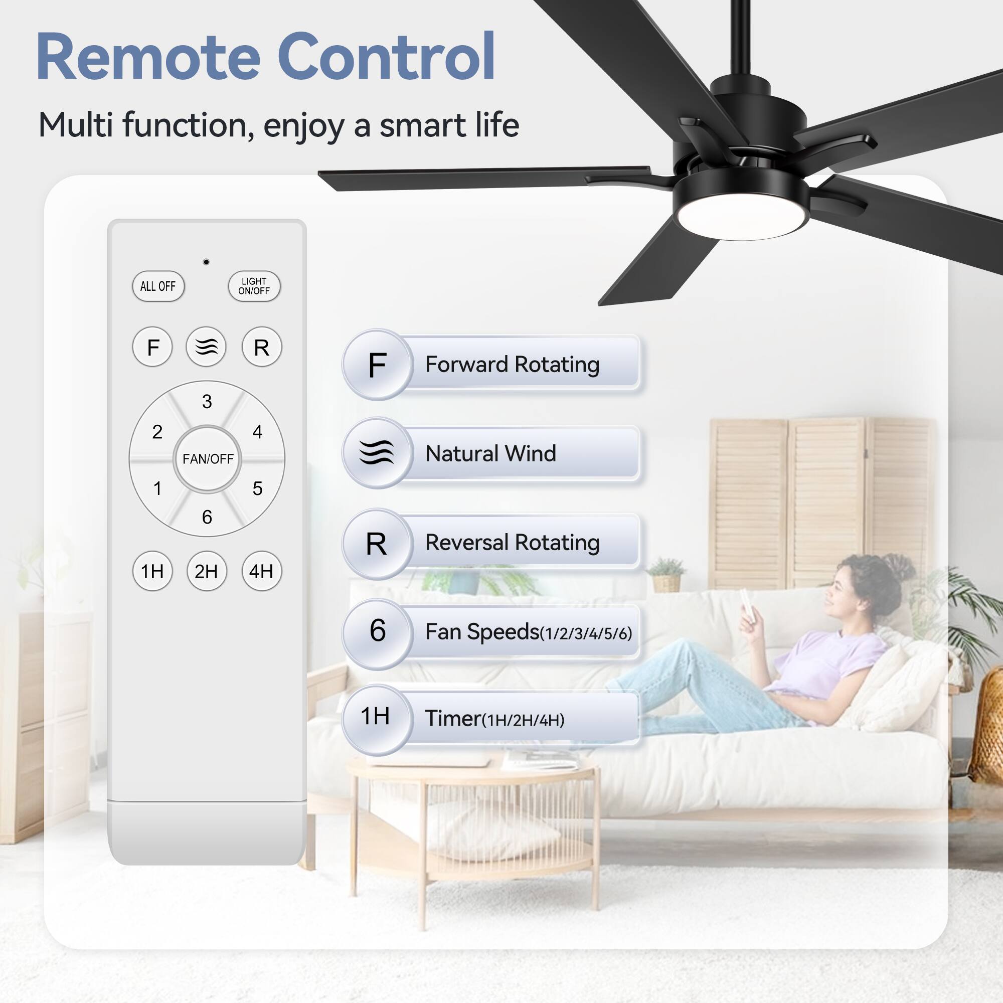 Remote Control  
Multi function, enjoy a smart life  

- ALL OFF  
- LIGHT ON/OFF  
- F Forward Rotating  
- R Reversal Rotating  
- 1H 2H 4H  
- 1 2 3 4 5 6  
- FAN/OFF  
- Natural Wind  
- Fan Speeds(1/2/3/4/5/6)  
- Timer(1H/2H/4H)