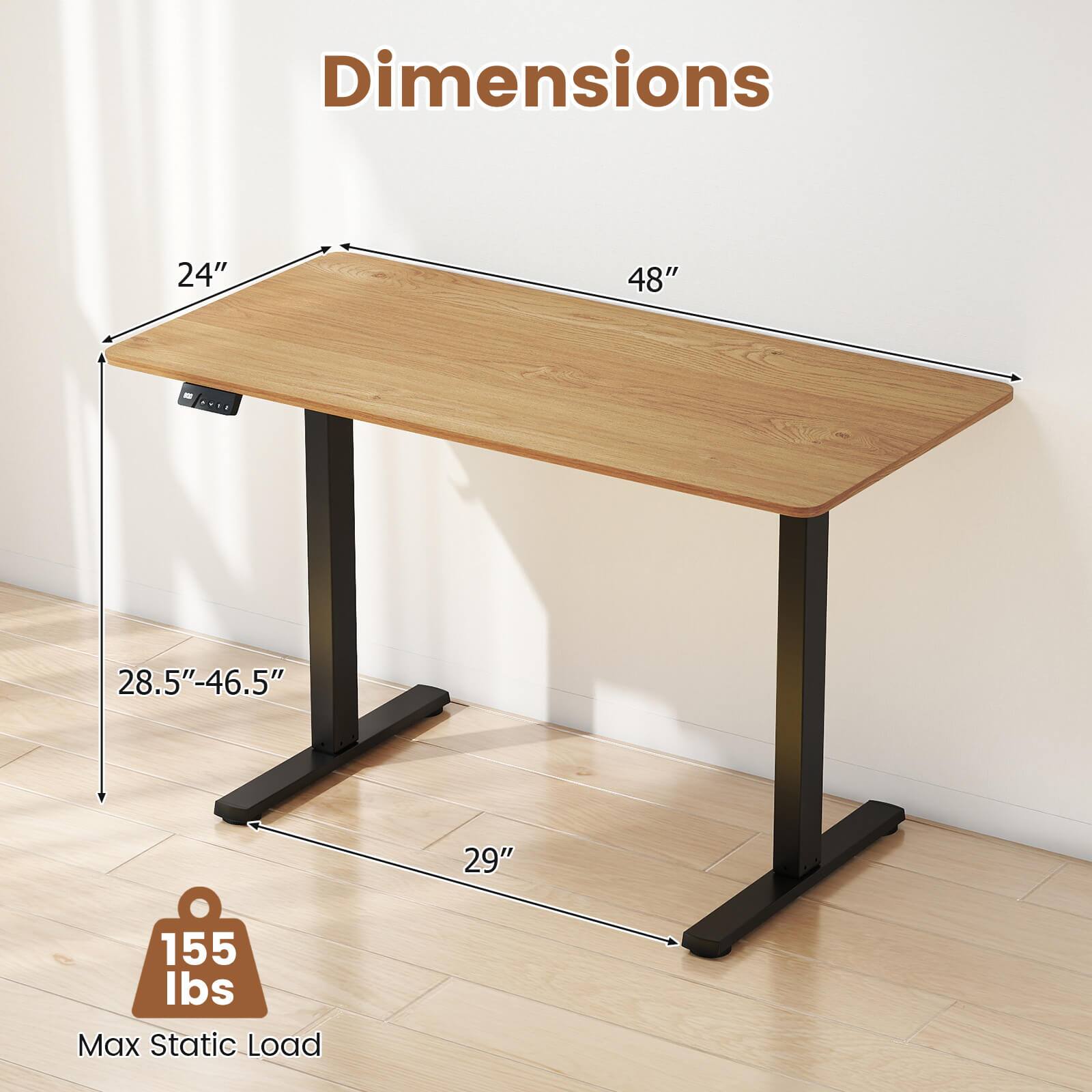 Dimensions  
24" x 48"  
28.5"-46.5"  
29"  
Max Static Load: 155 lbs