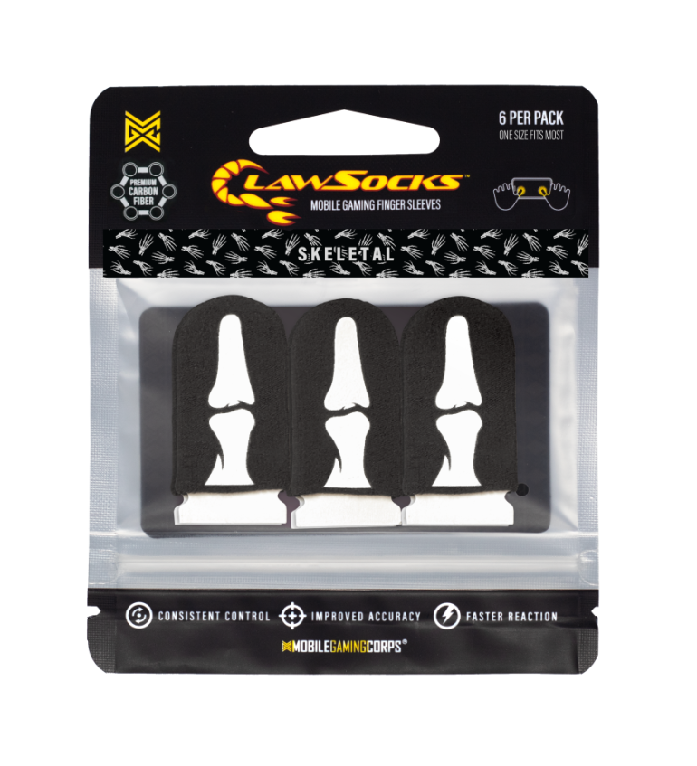 6 PER PACK  
ONE SIZE FITS MOST  

LAW SOCKS  
MOBILE GAMING FINGER SLEEVES  

CARBON FIBER  

SKELETAL  

CONSISTENT CONTROL  
IMPROVED ACCURACY  
FASTER REACTION  

MOBILEGAMINGCORPS