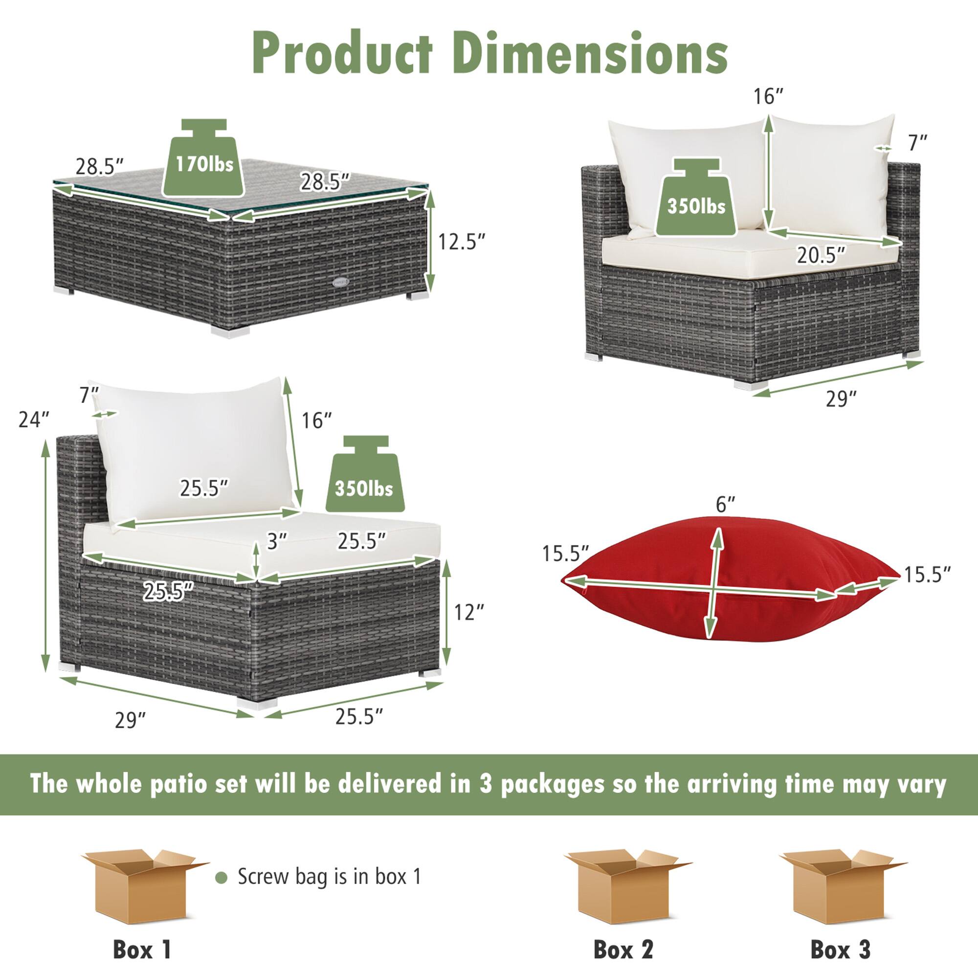 Product Dimensions

- Table: 28.5" x 28.5" x 12.5", 170lbs
- Sofa: 29" x 20.5" x 16", 350lbs
- Ottoman: 29" x 25.5" x 12", 350lbs
- Cushion: 25.5" x 25.5" x 3"
- Pillow: 15.5" x 15.5" x 6"

The whole patio set will be delivered in 3 packages so the arriving time may vary

- Screw bag is in box 1
- Box 1
- Box 2
- Box 3