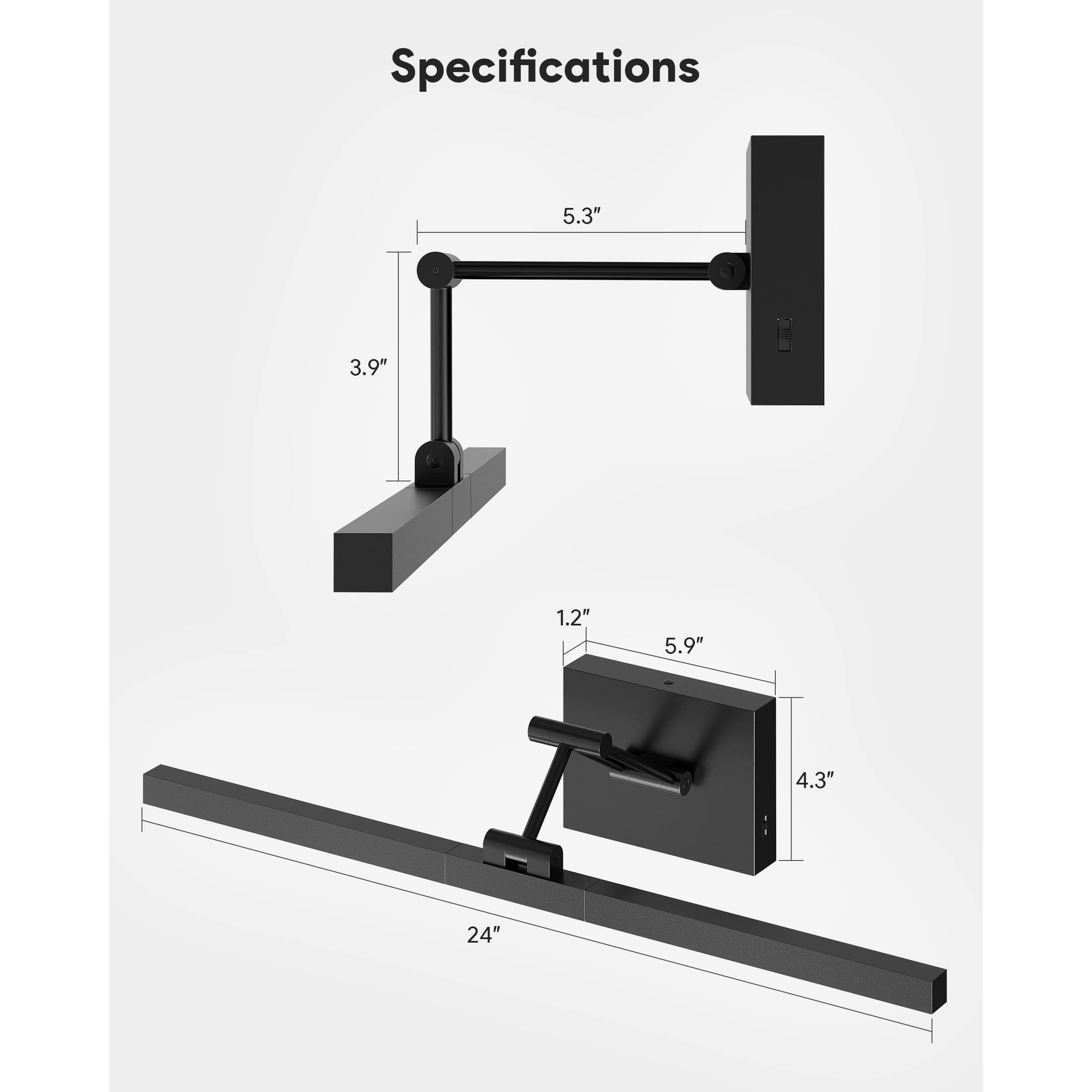 Specifications

- 5.3"
- 3.9"
- 1.2"
- 5.9"
- 4.3"
- 24"