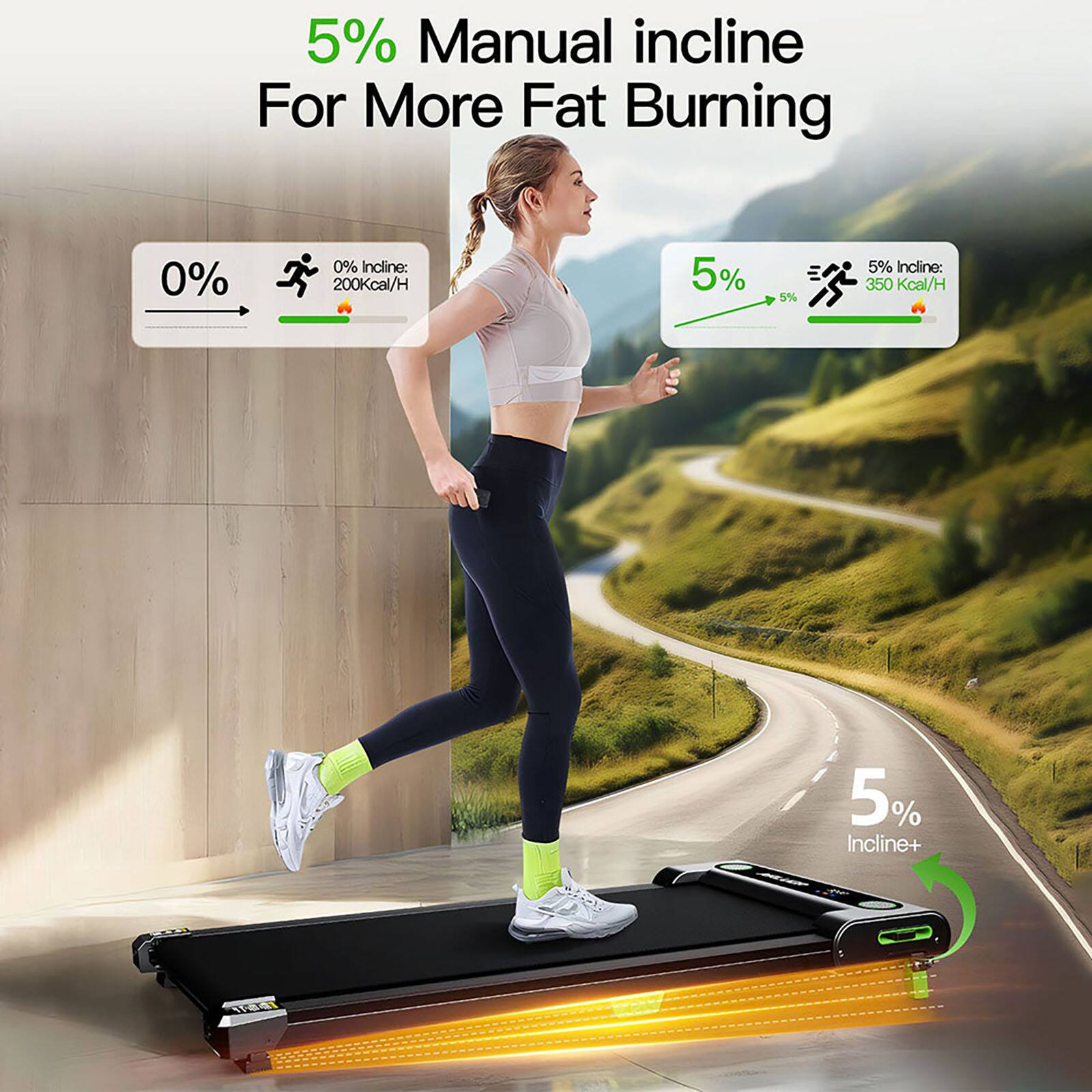 5% Manual incline For More Fat Burning: 0% incline: 200Kcal/H, 5% incline: 350Kcal/H, 5% incline+ SA: 450Kcal/H