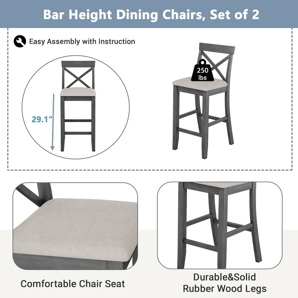 Bar Height Dining Chairs, Set of 2

- Easy Assembly with Instruction
- 250 lbs
- 29.1"
- Comfortable Chair Seat
- Durable & Solid Rubber Wood Legs