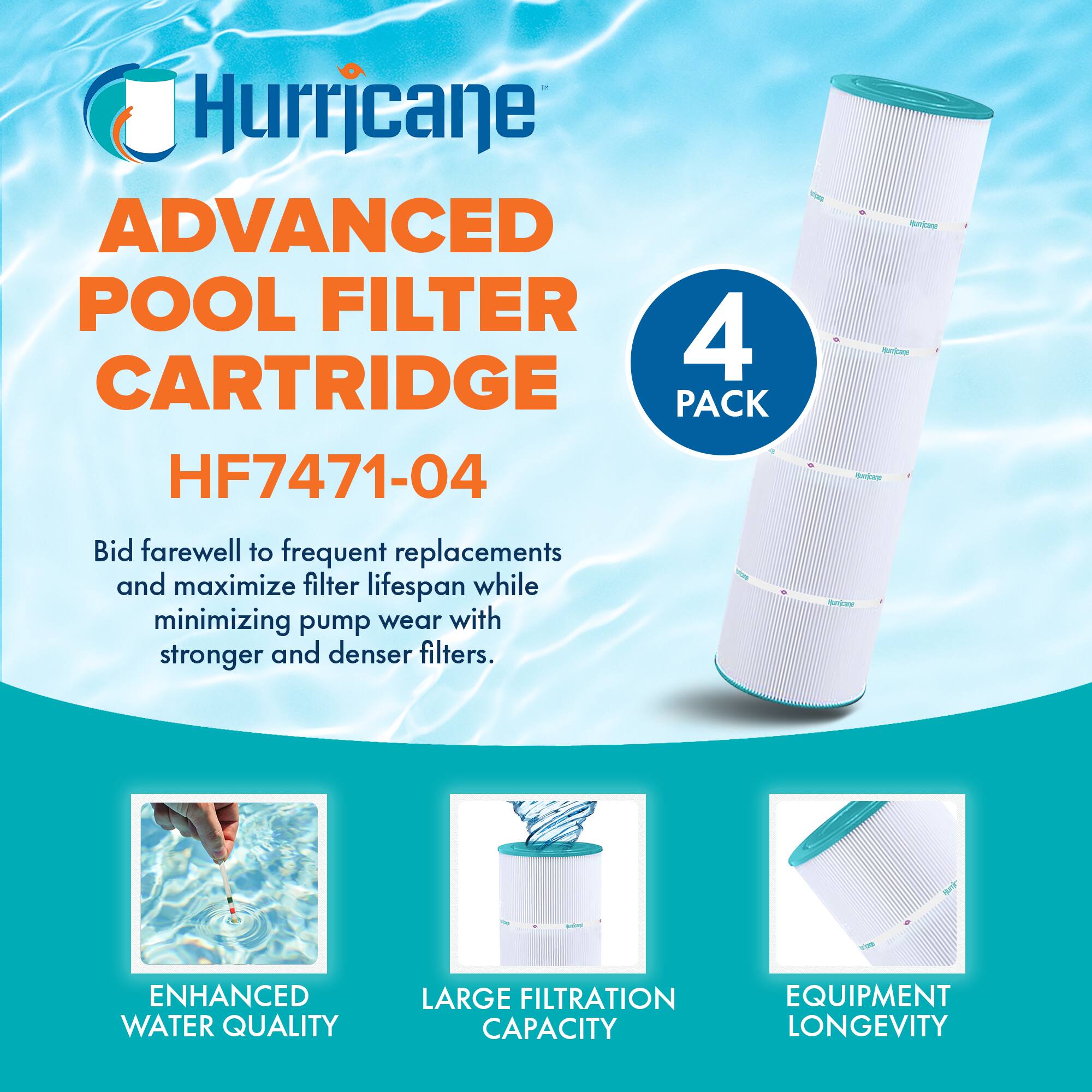 Hurricane  
ADVANCED POOL FILTER CARTRIDGE  
HF7471-04  

Bid farewell to frequent replacements and maximize filter lifespan while minimizing pump wear with stronger and denser filters.  

4 PACK  

ENHANCED WATER QUALITY  
LARGE FILTRATION CAPACITY  
EQUIPMENT LONGEVITY