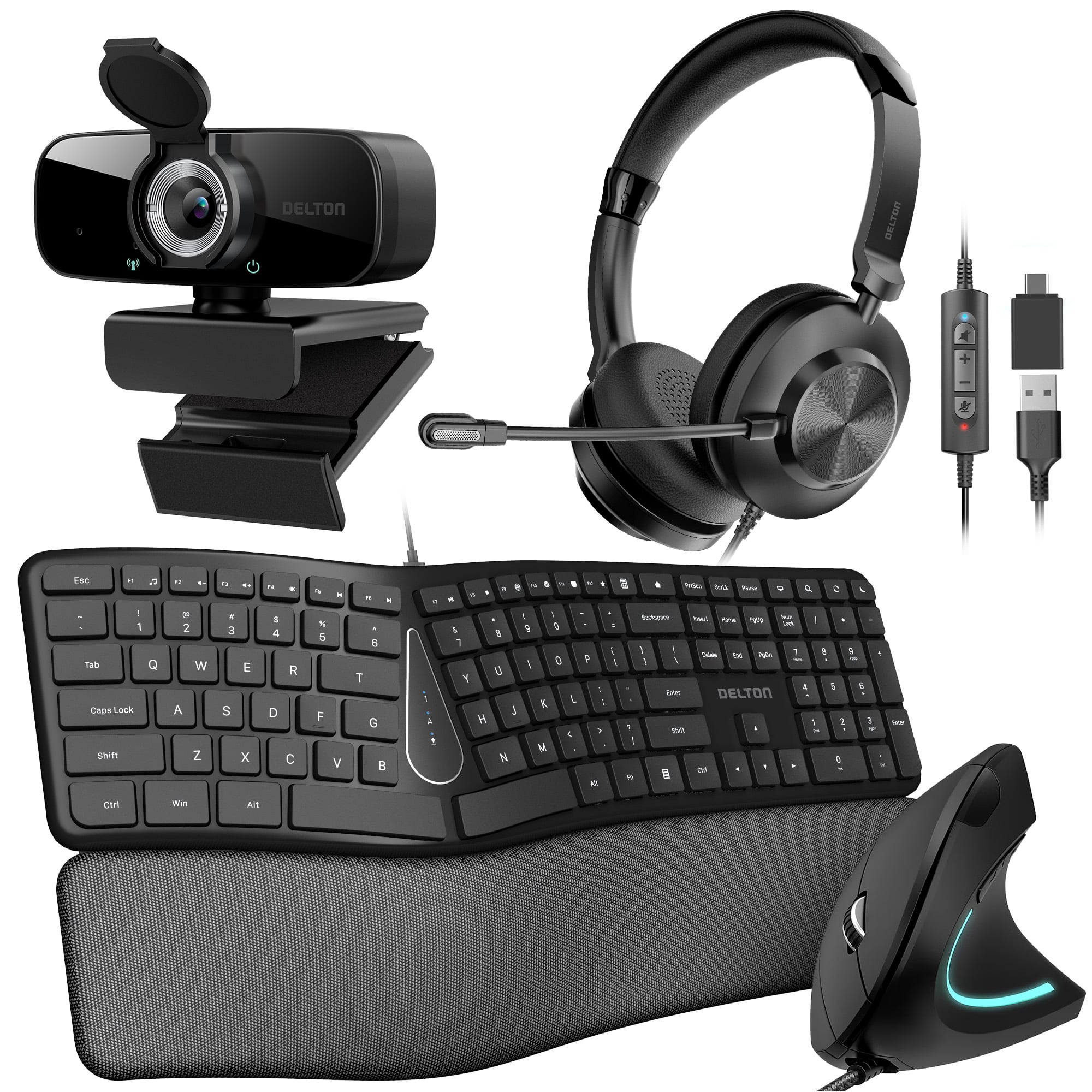 Delton - All in One Office Bundle with 32Y Ergonomic Keyboard Vertical Mouse USB Headset with Mic and 1080p Webcam - Black