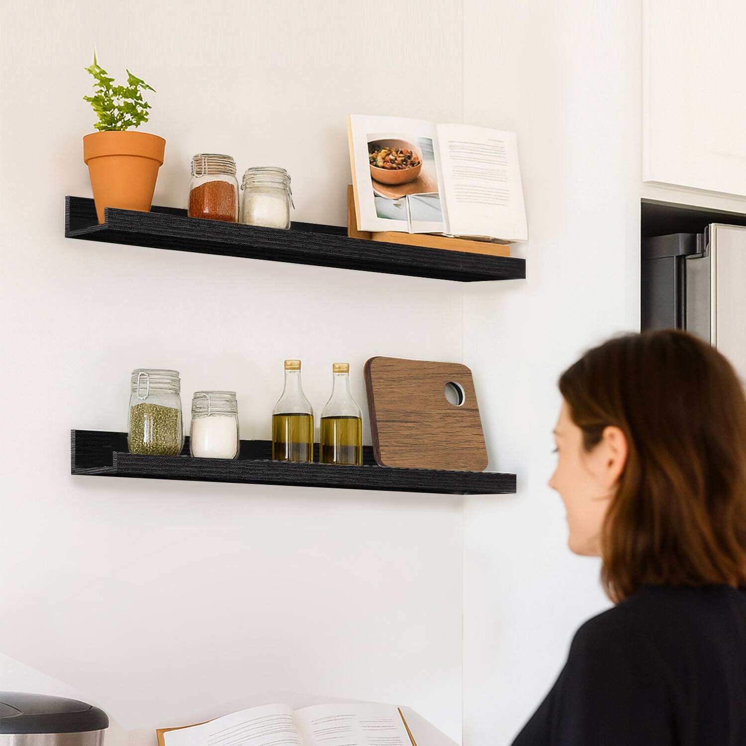 Alt View 1. BOMEDA - 2 Pack 24 in Floating Picture Ledge Shelves, Modern Wood Wall Shelf for Photos, Books, Room Decor for Living Room - Black.