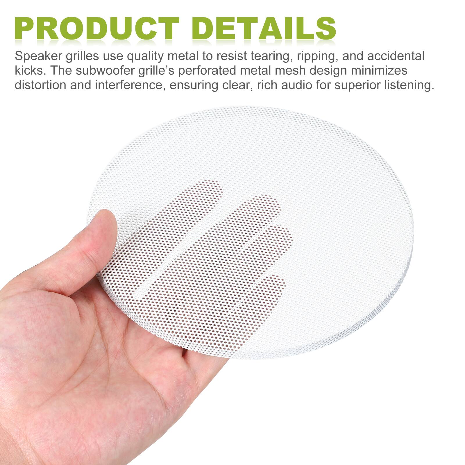 PRODUCT DETAILS

Speaker grilles use quality metal to resist tearing, ripping, and accidental kicks. The subwoofer grille's perforated metal mesh design minimizes distortion and interference, ensuring clear, rich audio for superior listening.