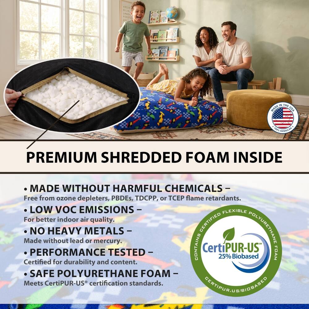 ABCDE LANDR FORST

UN THE MADE USA

100% AMERICAN

PREMIUM SHREDDED FOAM INSIDE

MADE WITHOUT HARMFUL CHEMICALS - Free from ozone depleters, PBDEs, TDCPP, or TCEP flame retardants.

LOW VOC EMISSIONS - For better indoor air quality.

NO HEAVY METALS - Made without lead or mercury.

PERFORMANCE TESTED - Certified for durability and content.

SAFE POLYURETHANE FOAM - Meets CertiPUR-US® certification standards.