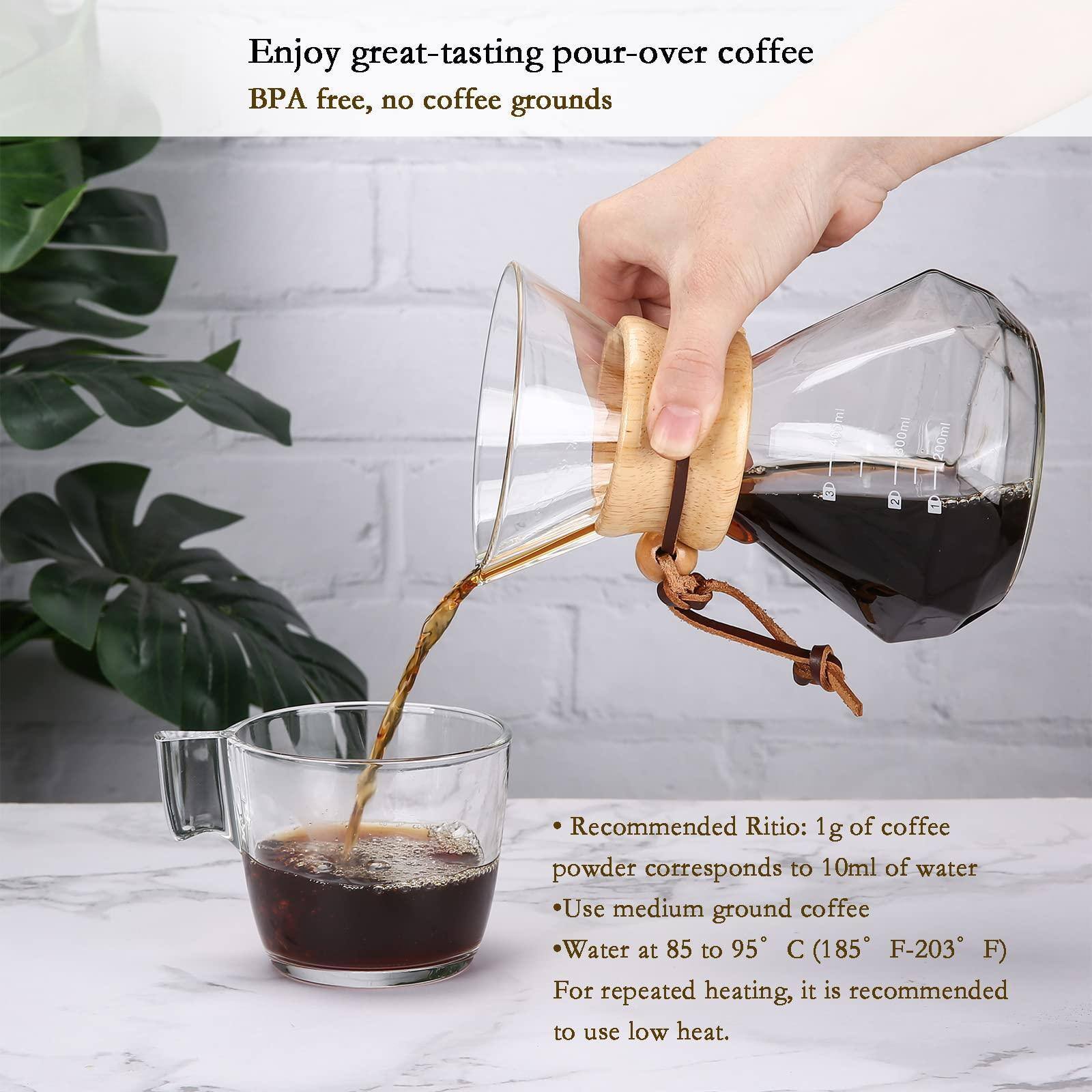 Enjoy great-tasting pour-over coffee  
BPA free, no coffee grounds  

- Recommended Ratio: 1g of coffee powder corresponds to 10ml of water  
- Use medium ground coffee  
- Water at 85 to 95°C (185°F-203°F)  
- For repeated heating, it is recommended to use low heat.