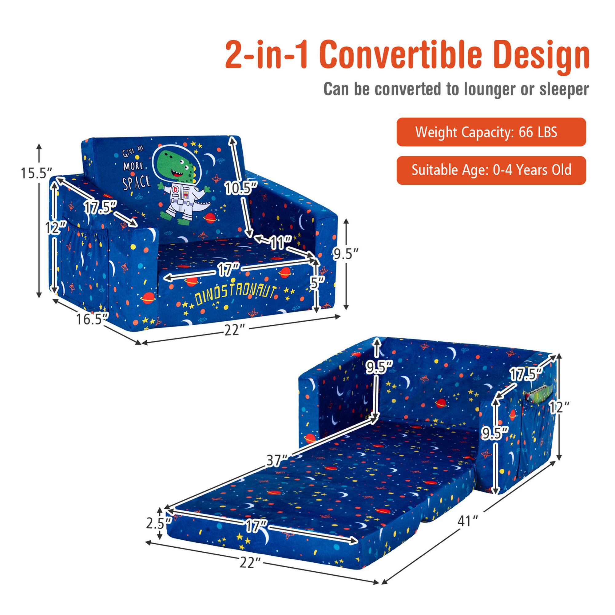 2-in-1 Convertible Design  
Can be converted to lounger or sleeper  

Weight Capacity: 66 LBS  
Suitable Age: 0-4 Years Old  

15.5"  
17.5"  
12"  
16.5"  
10.5"  
11"  
17"  
9.5"  
5"  
22"  
37"  
2.5"  
17"  
41"  
22"  
9.5"  
17.5"  
12"  
9.5"  
41"