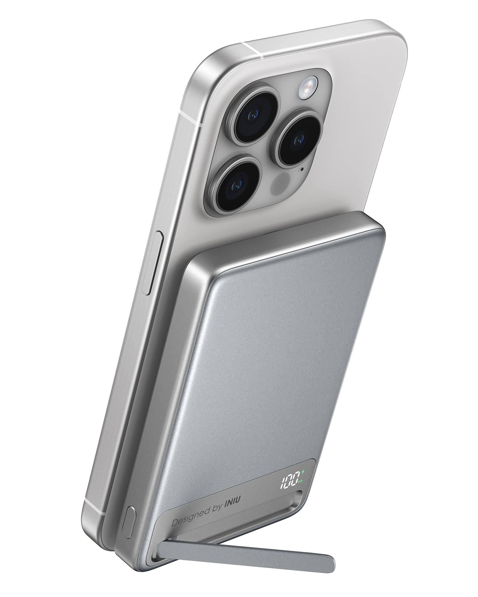 The image shows a cell phone with a silver case and a camera on the back. The phone is sitting on a stand, and the camera is facing upwards. The stand is designed by INIU, and it is a silver and black color combination. The phone is positioned in such a way that the camera is facing upwards, which might be useful for taking photos or recording videos.