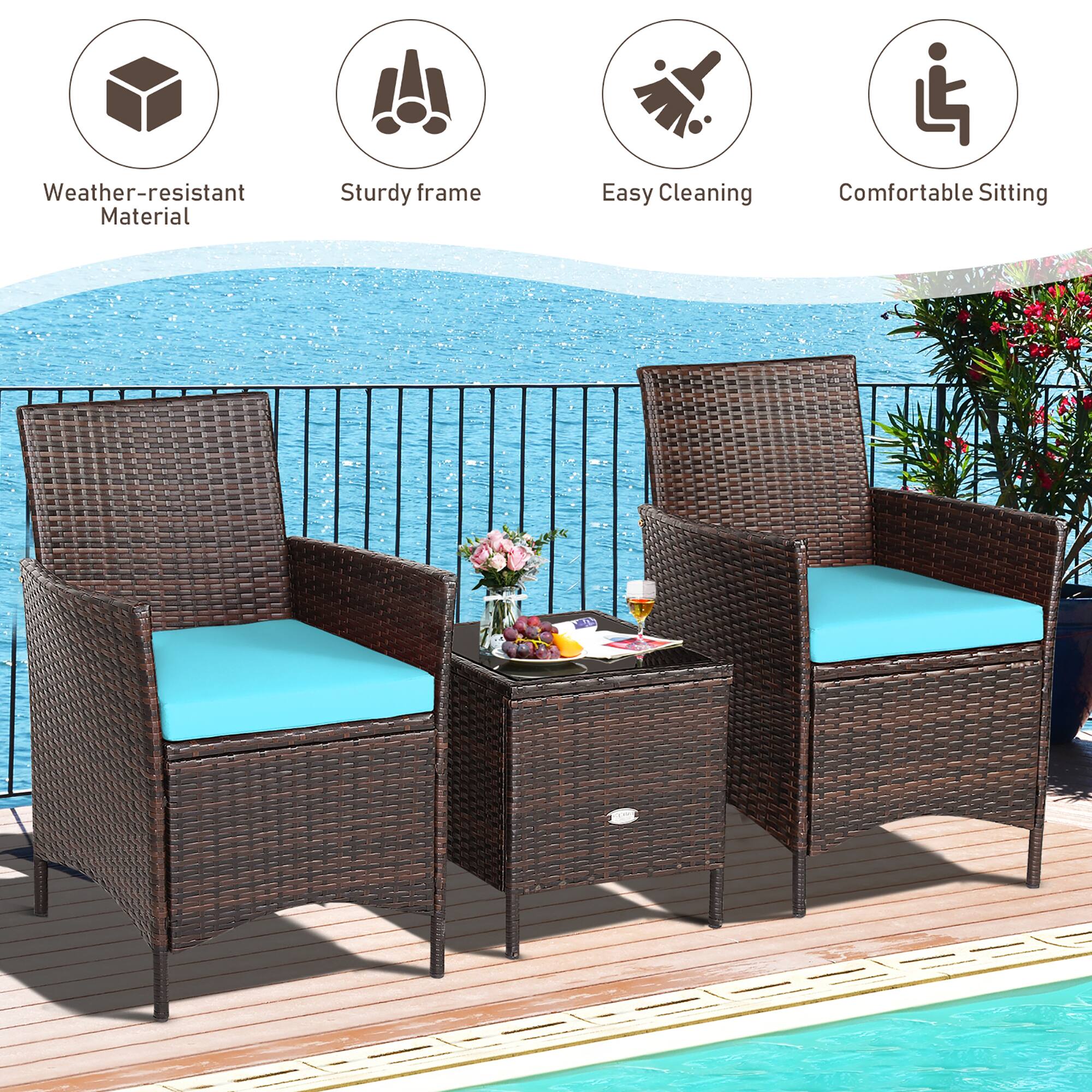 Weather-resistant material, sturdy frame, easy cleaning, and comfortable sitting.