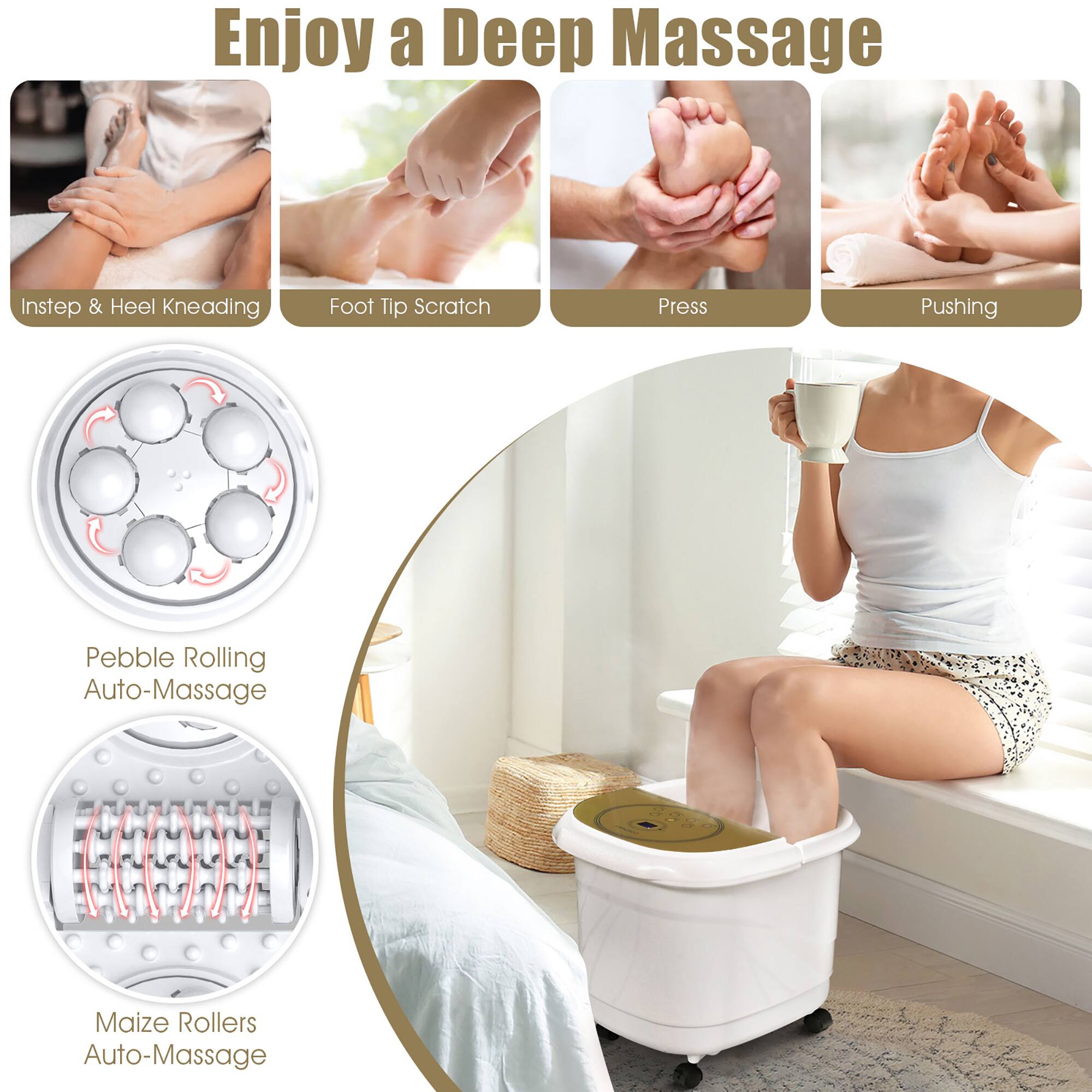 Enjoy a Deep Massage: Instep & Heel Kneading, Foot Tip Scratch, Press, Pushing, Pebble Rolling, Auto-Massage, Maize Rollers, Auto-Massage