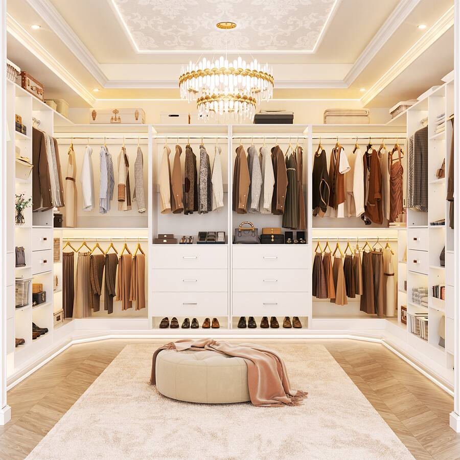 Aheaplus 100'' Large L Shaped Walk in Closet System with 10 Wooden ...