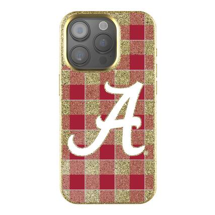 Front. Keyscaper - Alabama Crimson Tide Plaid iPhone Bling Case - 16 Pro Max - Gold.