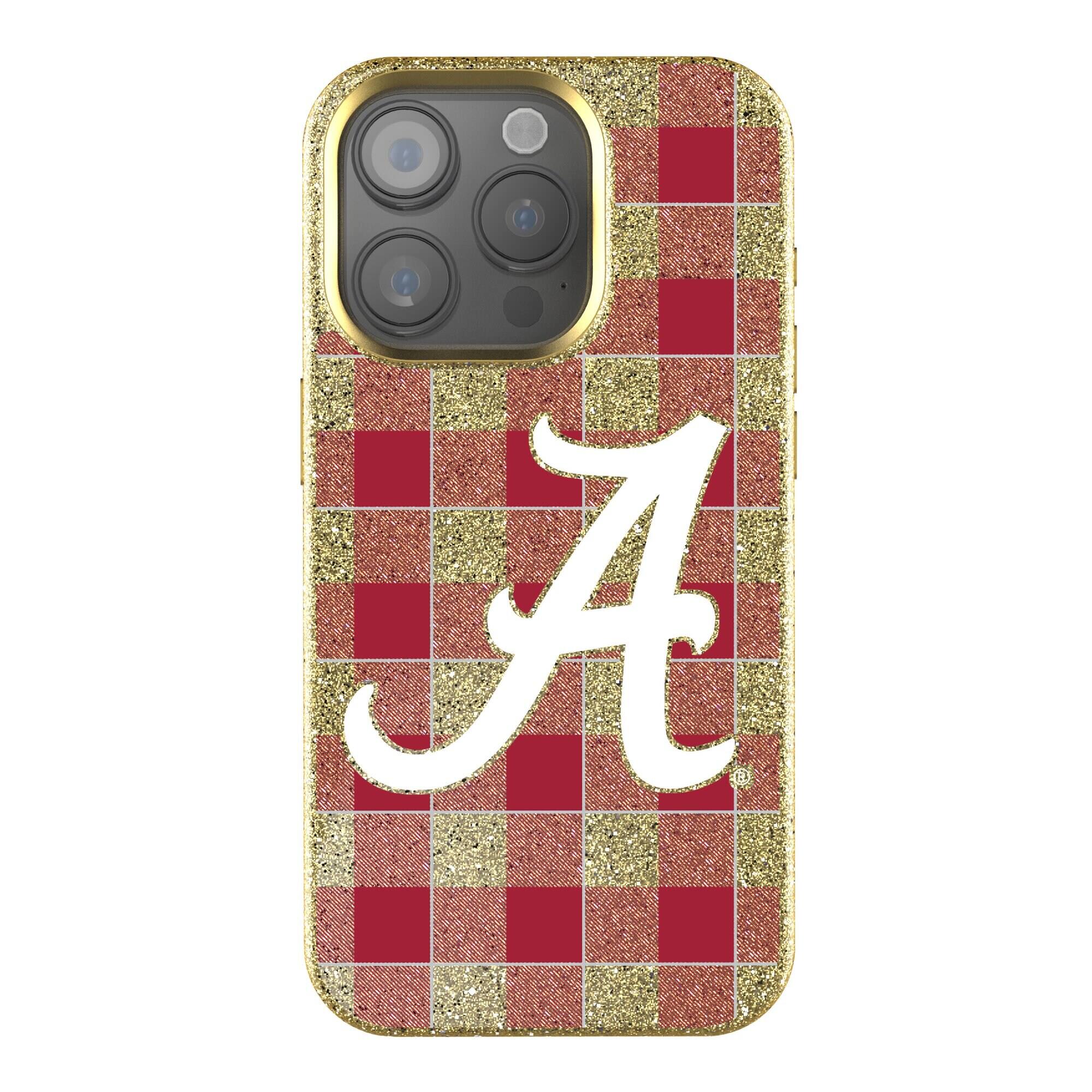Front. Keyscaper - Alabama Crimson Tide Plaid iPhone Bling Case - 16 Pro Max - Gold.