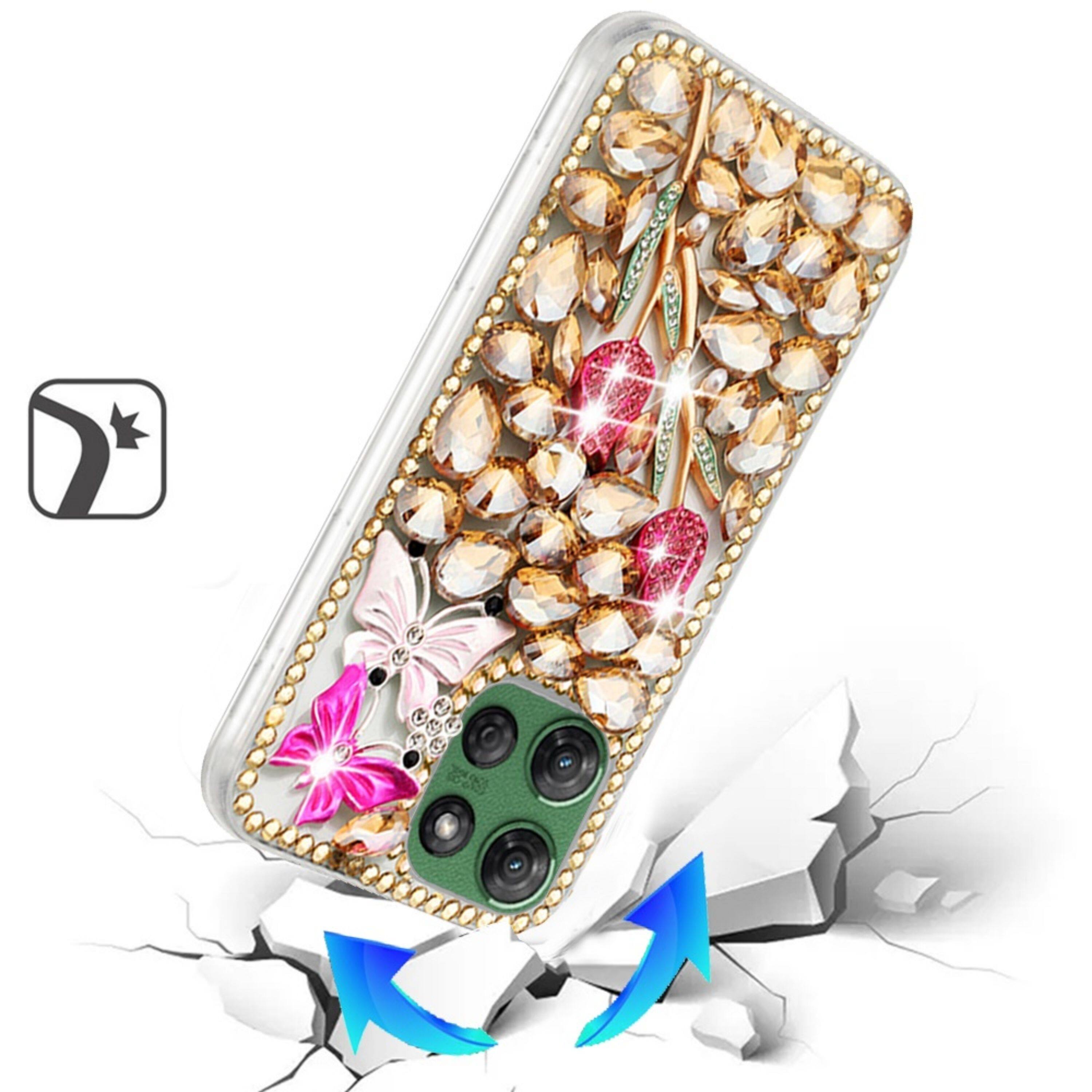 Angle. Kitcheniva - Luxury 3D Faux Diamond Jewel Case With Tempered Glass For Moto G Power 2025/2026 Gold Exquisite - Multicolor.