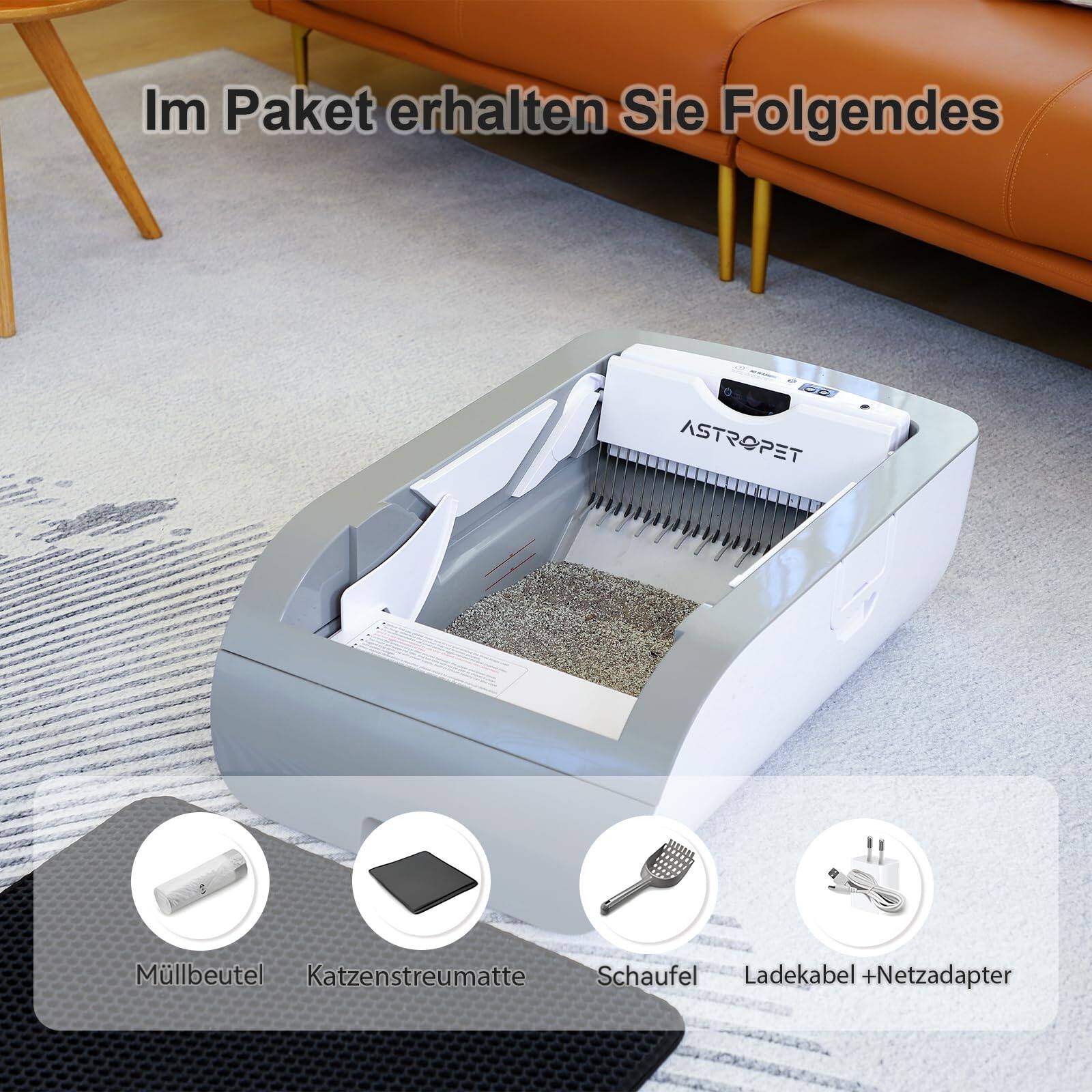 Im Paket erhalten Sie Folgendes:

- ASTROPET
- Müllbeutel
- Katzenstreumatte
- Schaufel
- Ladekabel + Netzadapter