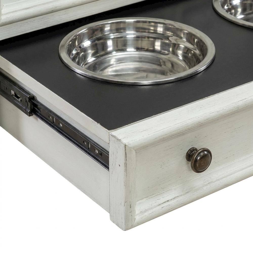 Left. Starlight Canyon Home - Cottage Pine Dog Feeding Station Cabinet with Pet Food Storage Drawers - Wirebrushed White W/ Charcoal Tops.