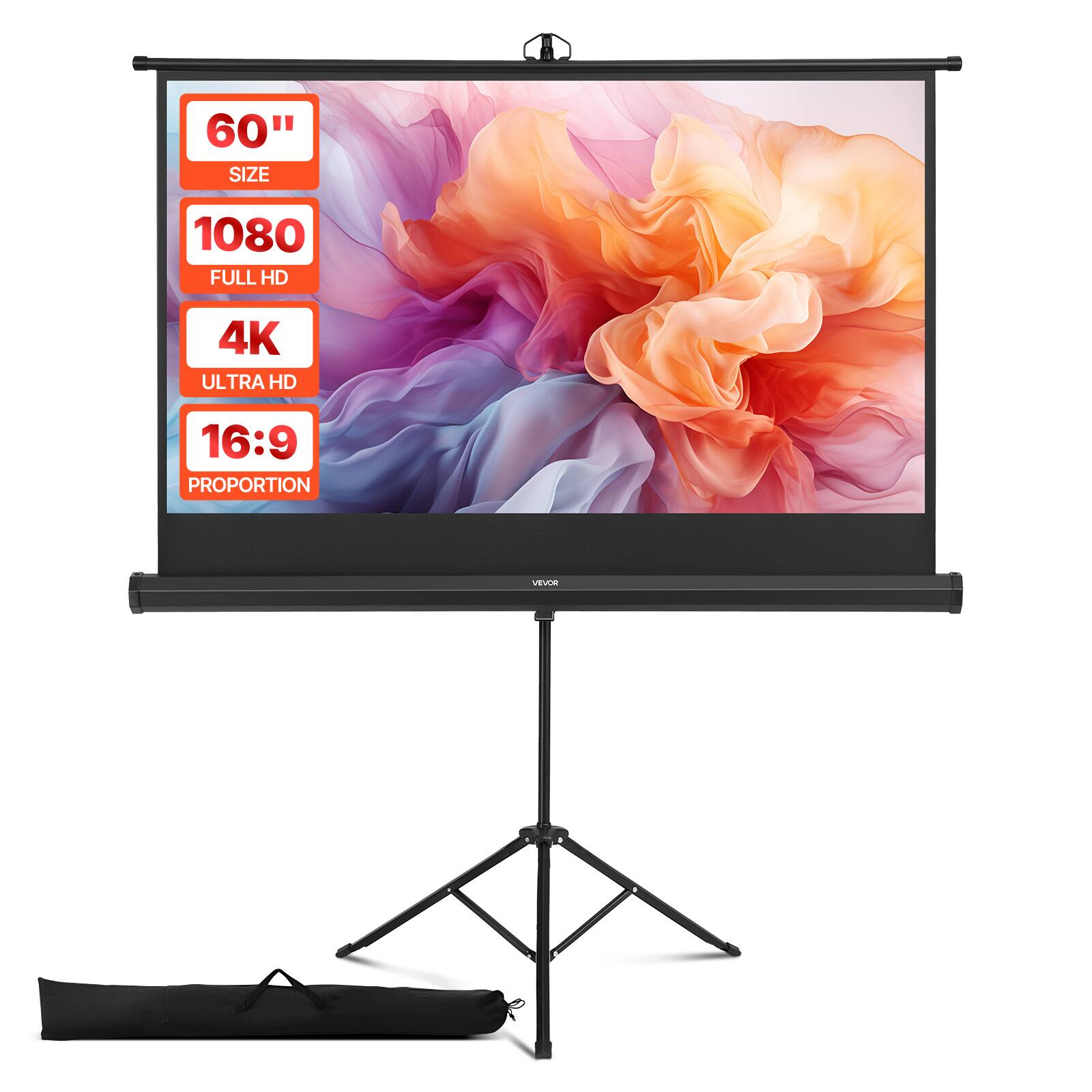 VEVOR - Projector Screen with Stand, 60Inch 160° Wide Angle Indoor Outdoor Projection Screen, 16:9 4K HD Portable Tripod Screens - Black