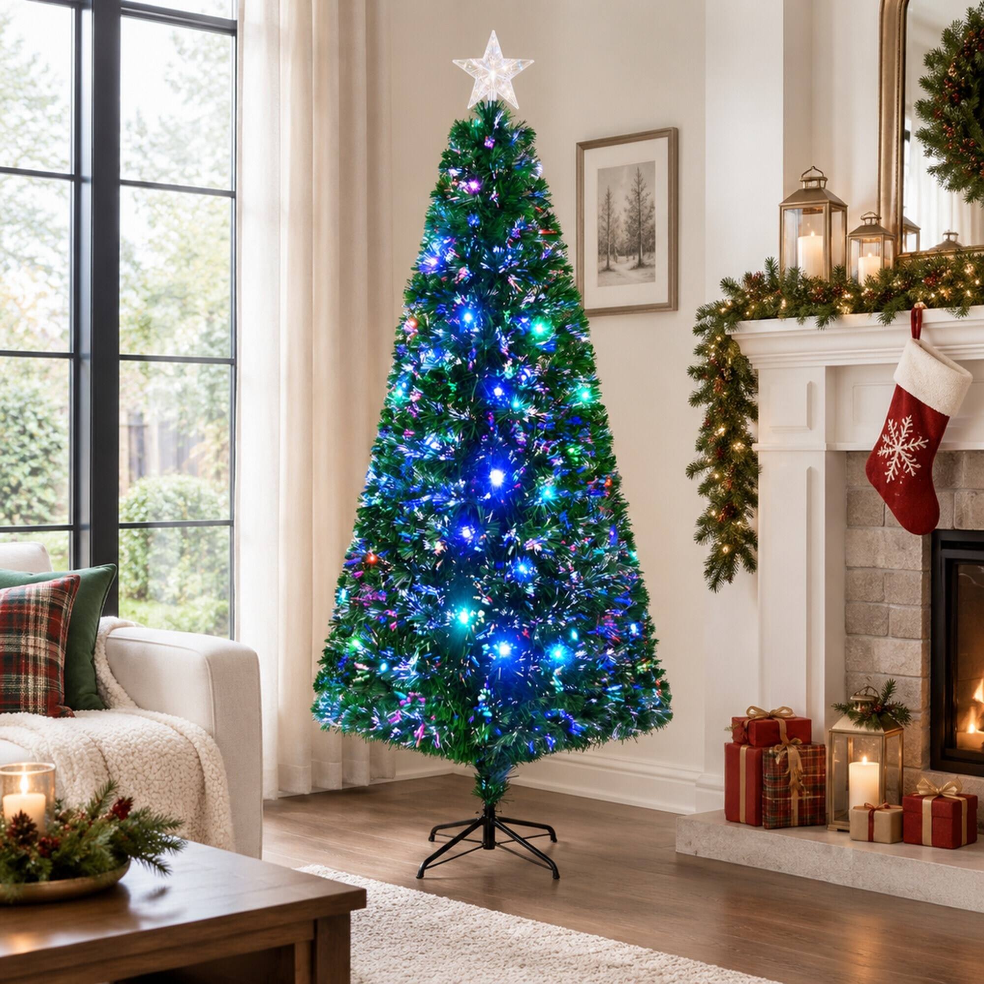 Back. RYHNUYNE - Pre-Lit Fir Artificial Christmas Tree With Warm LED Lights and Realistic Branches - Green.