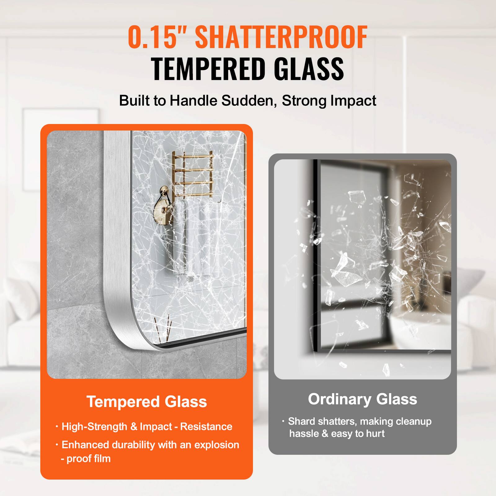 0.15" SHATTERPROOF TEMPERED GLASS  
Built to Handle Sudden, Strong Impact  

Tempered Glass  
- High-Strength & Impact Resistance  
- Enhanced durability with an explosion-proof film  

Ordinary Glass  
- Shard shatters, making cleanup hassle & easy to hurt
