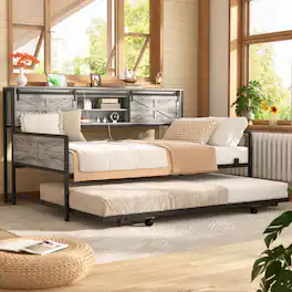 Aheaplus - Farmhouse Twin Daybed With Bookcase Headboard & Charging Station - Trundle Sofa Bed Frame, Space-Saving - White Oak