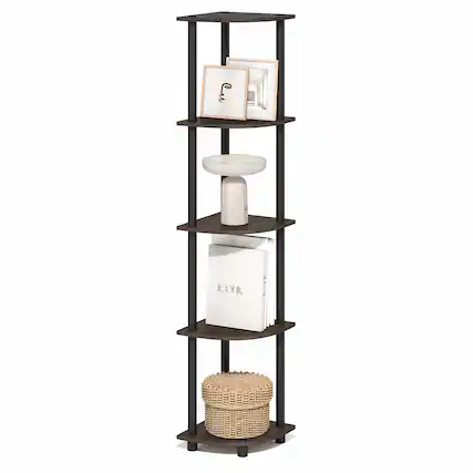 Front. Furinno - TURN-N-TUBE 5 Tier Corner Shelf, Corner Bookshelf, Display Shelf for Living Room, Bedroom - Brown Grain/Black.