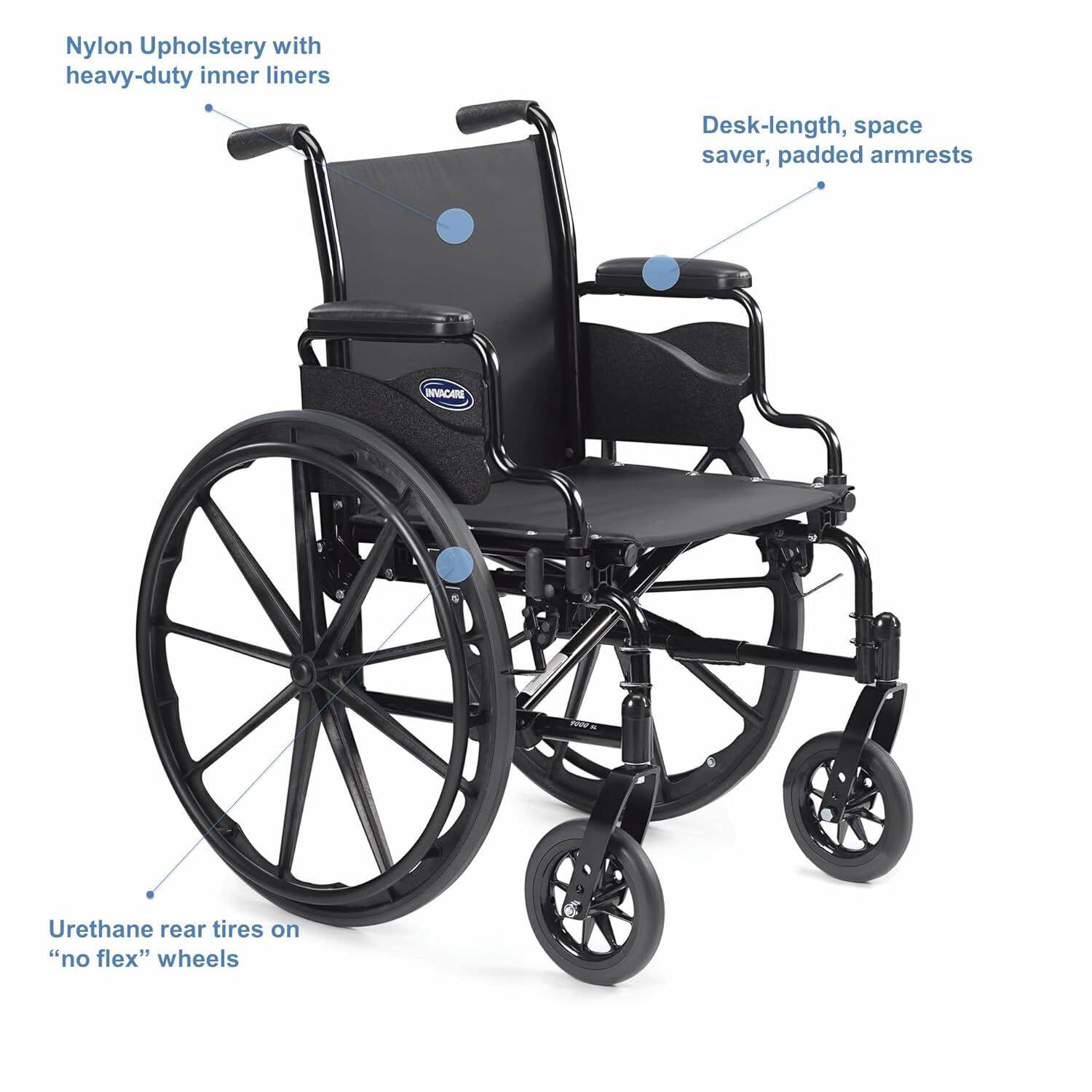 Nylon Upholstery with heavy-duty inner liners  
Desk-length, space saver, padded armrests  
Urethane rear tires on "no flex" wheels