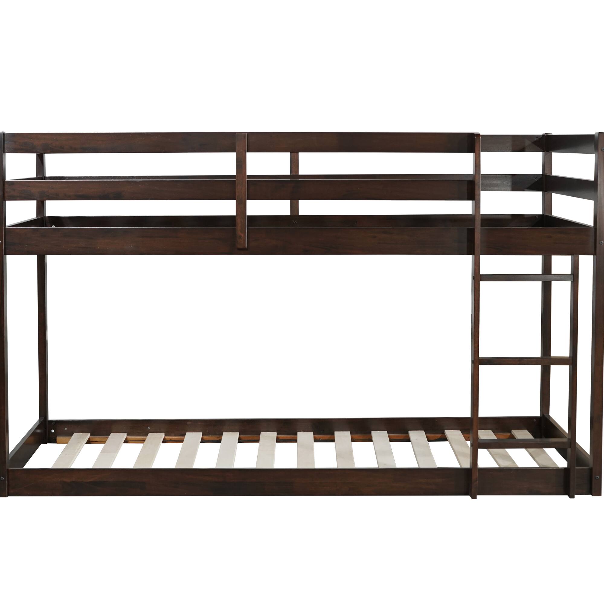 Left. GOODSILO - Solid Wood Twin Over Twin Floor Bunk Bed with Ladder and Strengthened Slats for Enhanced Stability - Espresso.