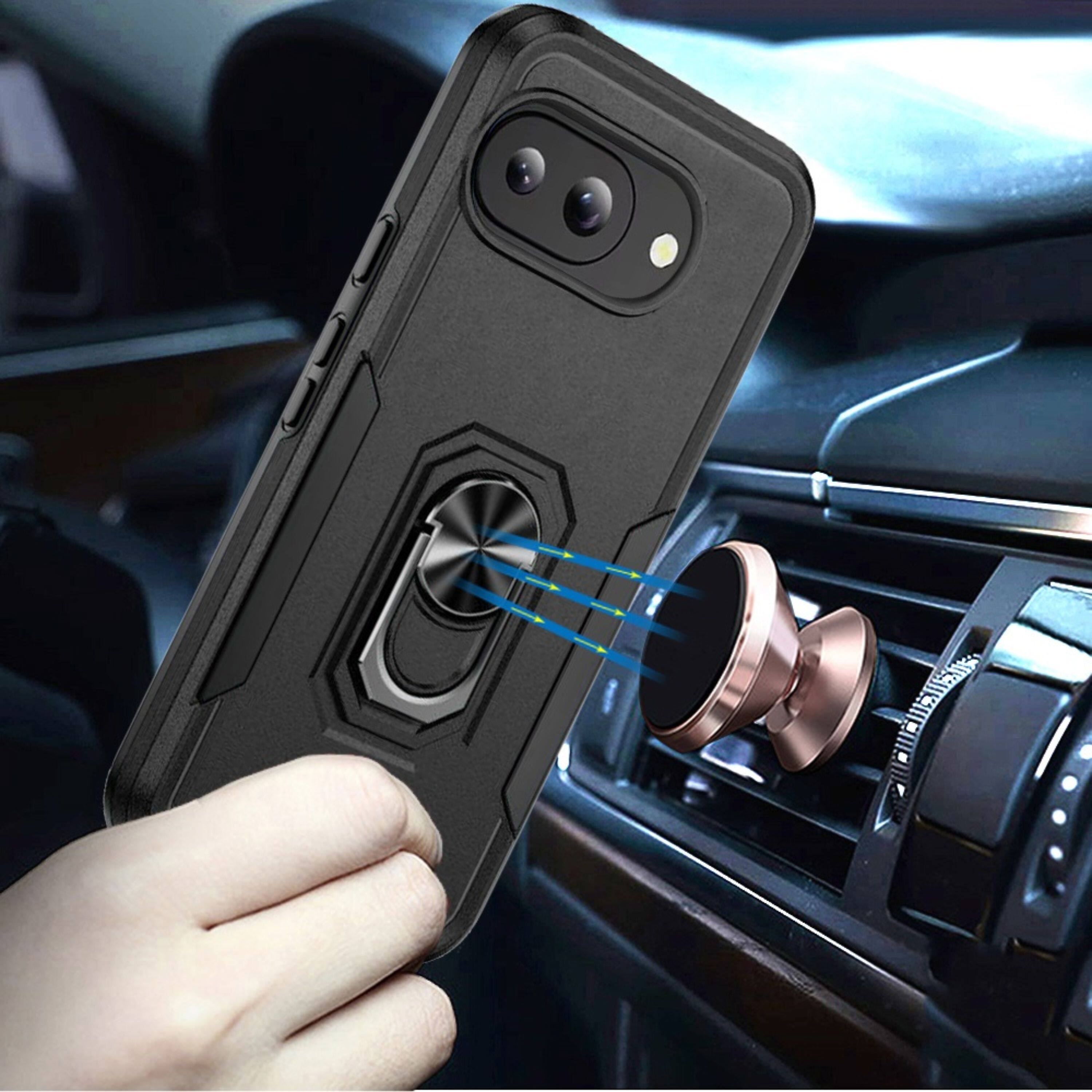 Left. Kitcheniva - Fused Rugged Phone Case With Metal Ring Stand Tempered Glass For Google Pixel 10a Black - Black.