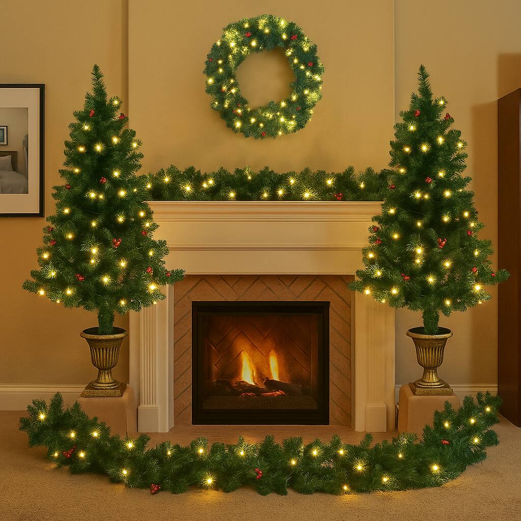 Angle. BreeBe - Christmas Entry Set of 4 – Prelit Trees with Garland and Wreath - Green.