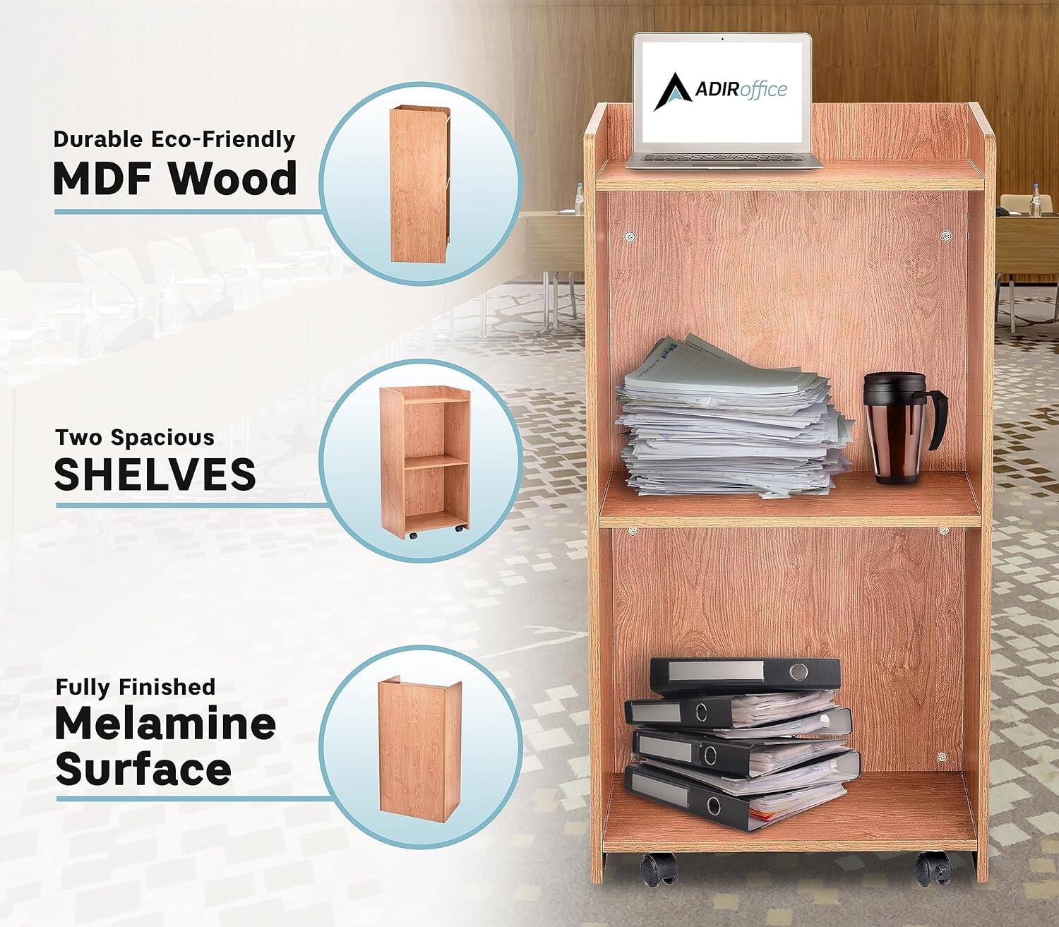 ADIRoffice, Durable Eco-Friendly MDF Wood, Two Spacious Shelves, Fully Finished Melamine Surface