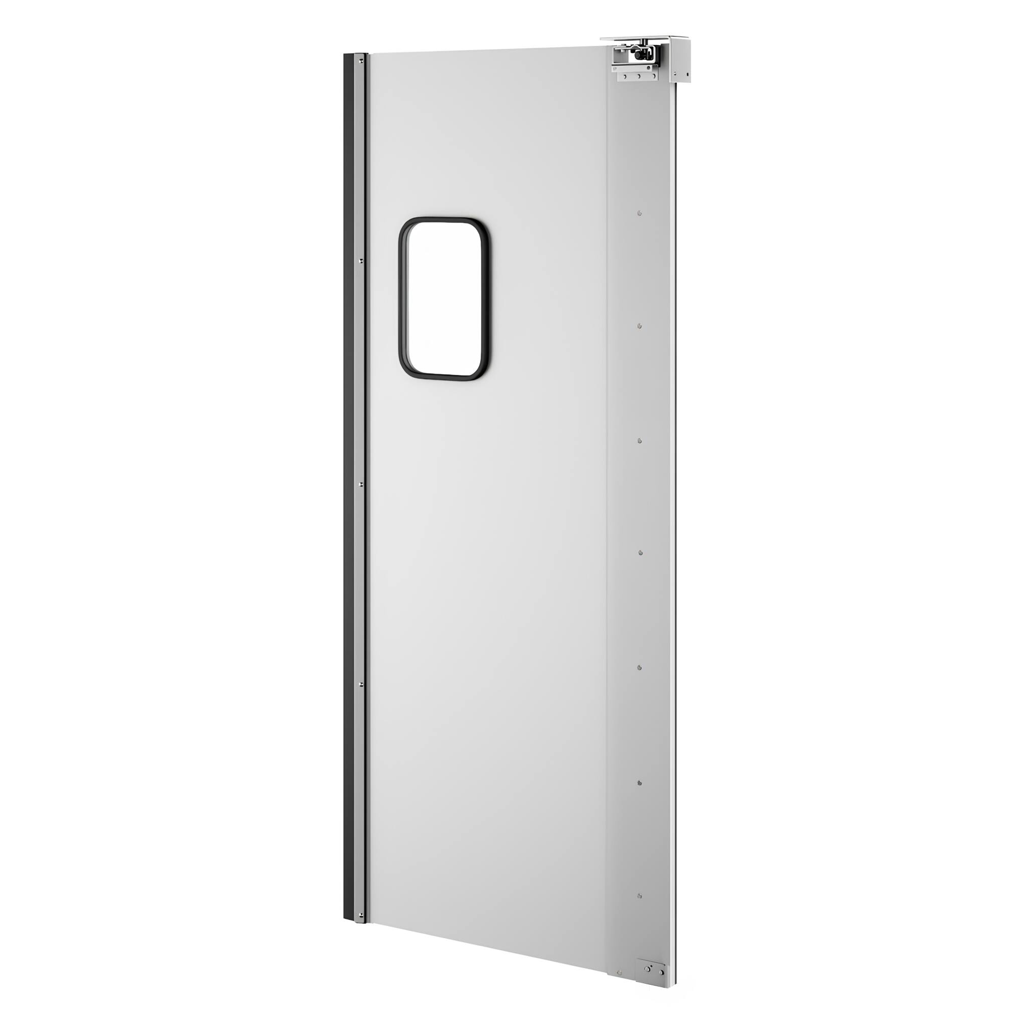 Left. Koolmore - Commercial Single Aluminum Swinging Traffic Door with 9 In. x  14 In. Window - 36 In. x 84 In. Door Opening (KM-SWD36) - Silver.