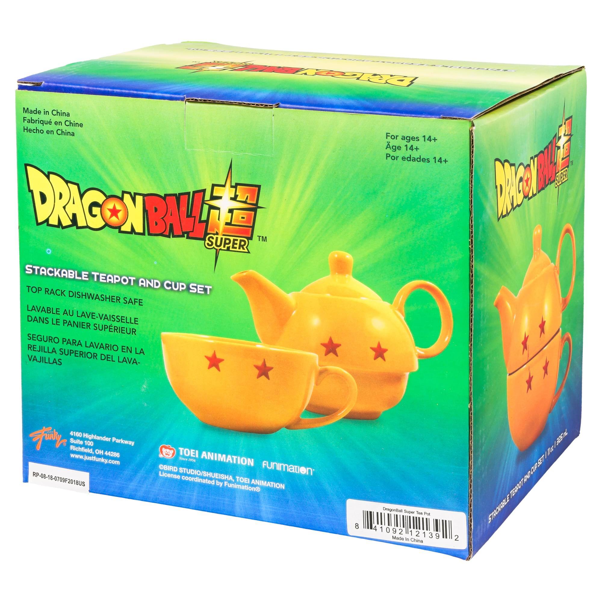 Made in China  
Fabriqué en Chine  
Hecho en China  

For ages 14+  
Age 14+  
Por edades 14+  

DRAGON BALL SUPER  
TM  

STACKABLE TEAPOT AND CUP SET  
TOP RACK DISHWASHER SAFE  
LAVABLE AU LAVE-VAISSELLE DANS LE PANIER SUPÉRIEUR  
SEGURO PARA LAVAR EN LA REJILLA SUPERIOR DEL LAVA-VAJILLAS  

4160 Highlander Parkway  
Richfield, OH 44206  
www.justfuniky.com  

TOEI ANIMATION  
FUNimation  
License coordinated by FUNimation®  
©BIRD STUDIO/SHEISHA, TOEI ANIMATION  

RP-08-14-709F2018US  

8 41092 12139 2  
Made in China  

Dragon Ball Super Teapot and Cup Set  
Stackable Teapot and Cup Set  
Made in China