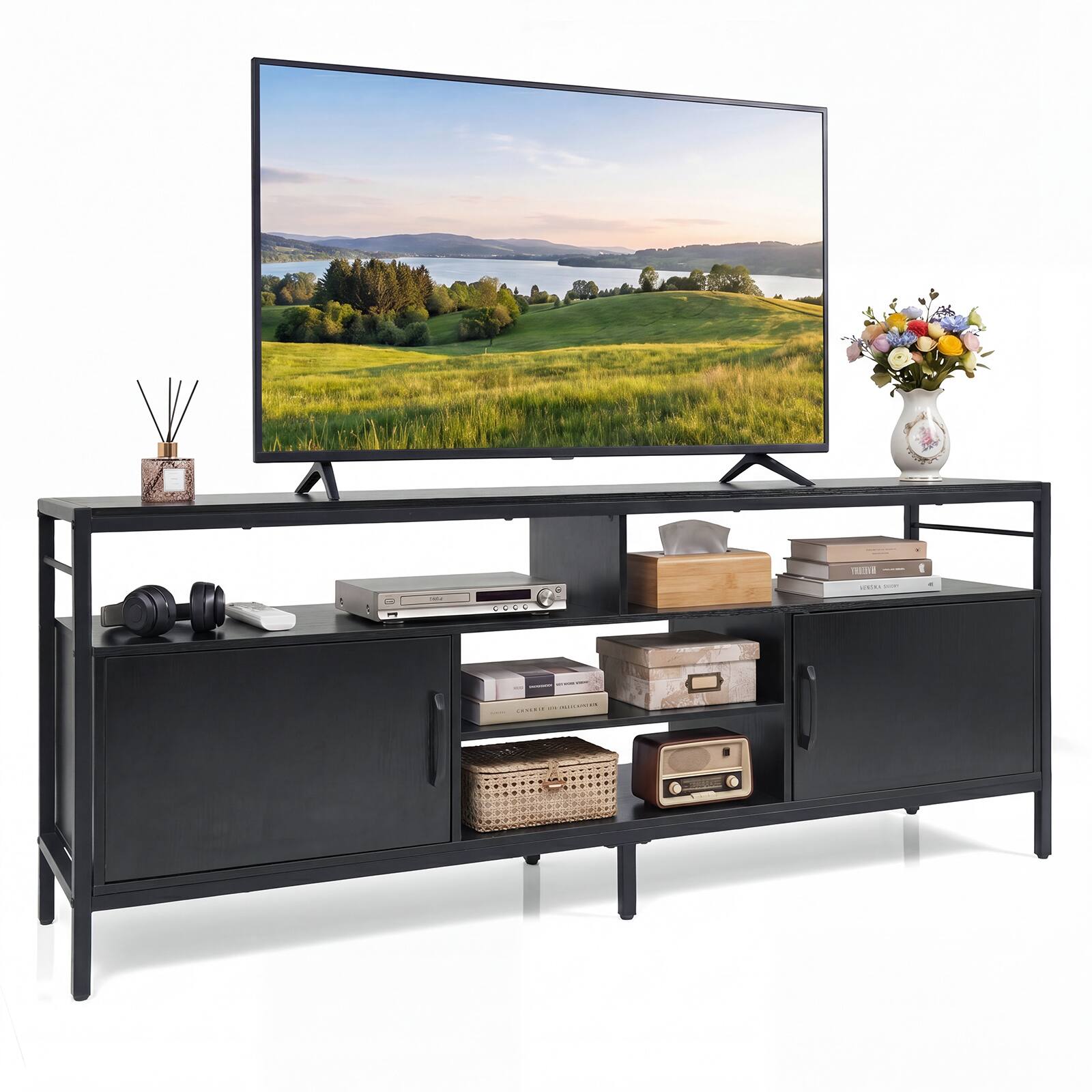 Front. Gymax - Gymax Industrial TV Stand for TVs up to 65'' Media Center w/Cabinets &?Adjustable Shelf - Black.