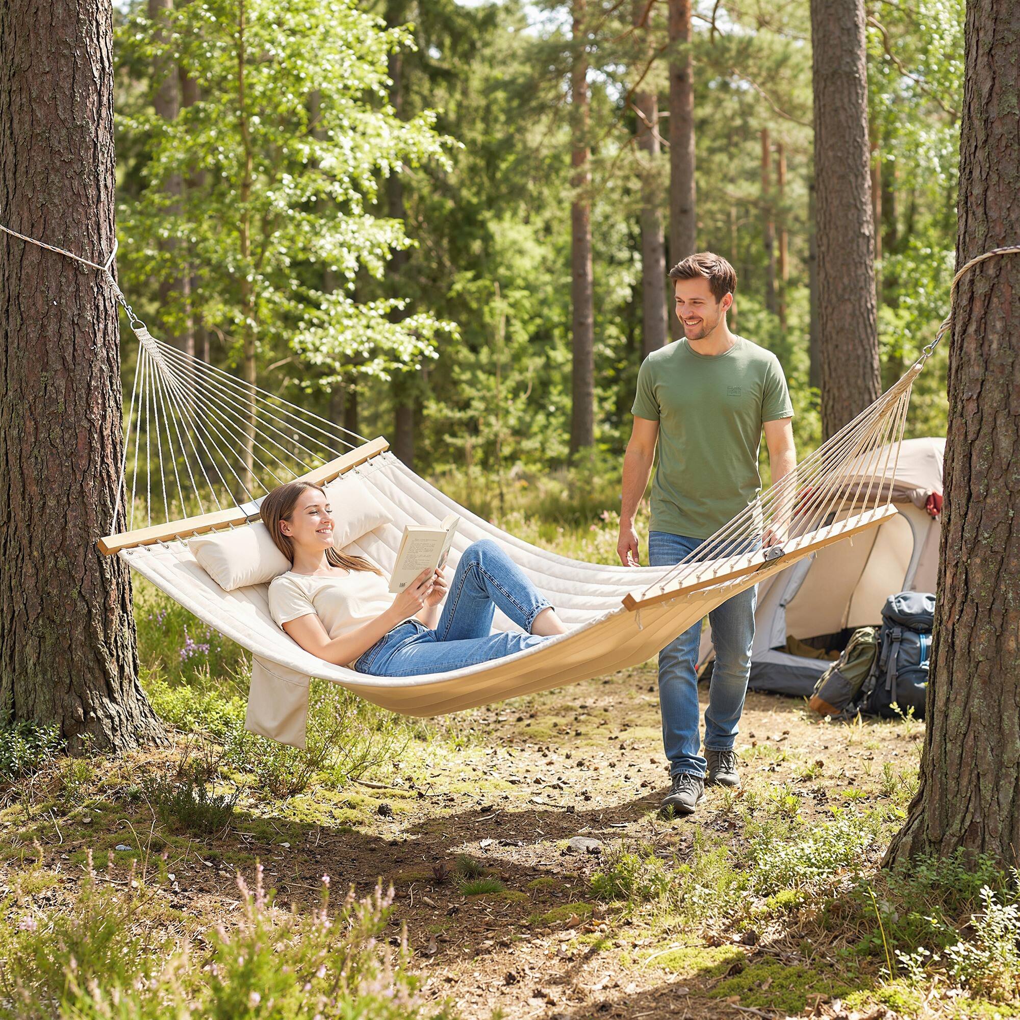 Alt View 8. Outsunny - Hammock 2-Person, with Pillow & Pad, 440 lbs Capacity - Cream White.