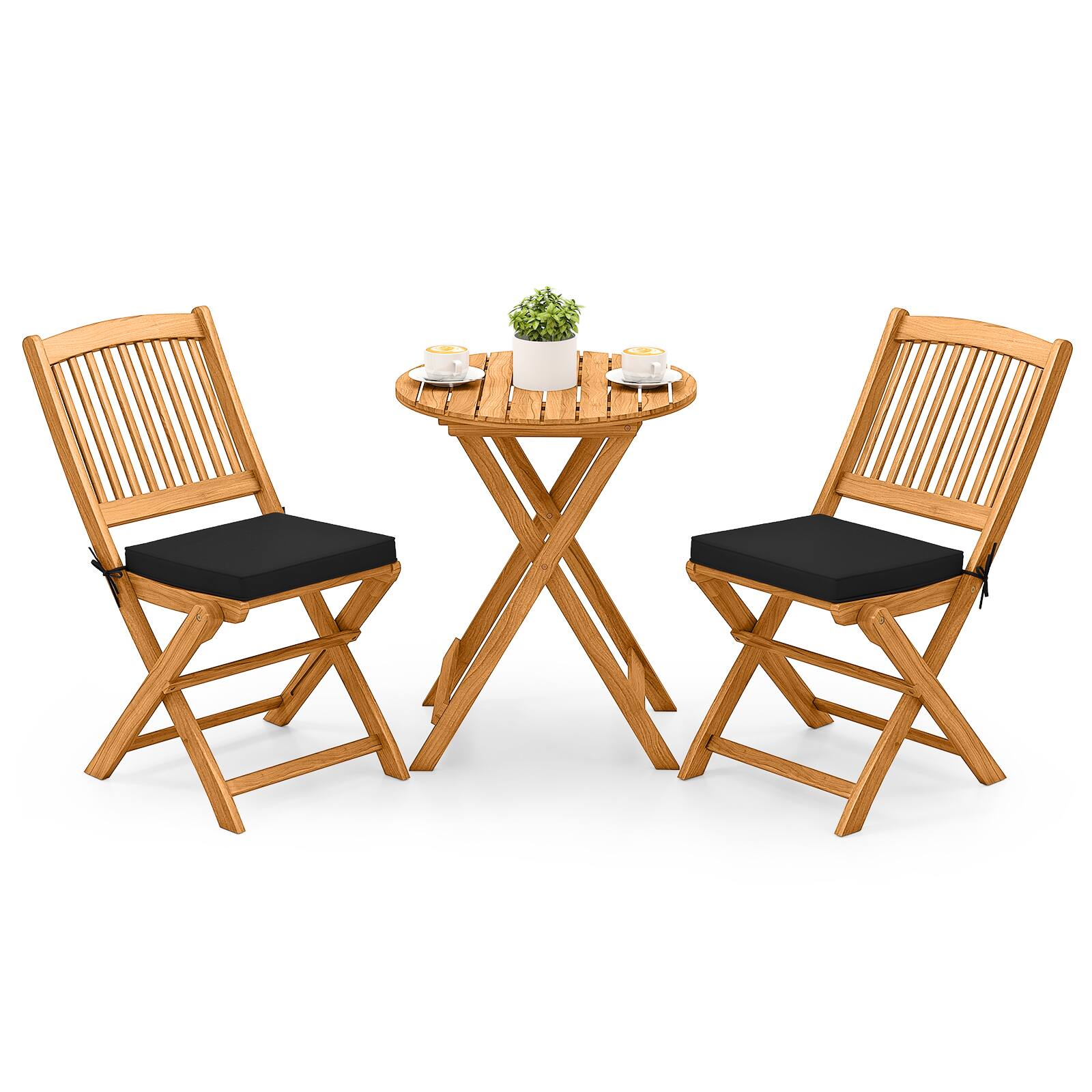 Alt View 1. Costway - Costway 3 Pieces Acacia Wood Patio Folding Bistro Set with Soft Cushions for Porch, Balcony - Natural+Black.