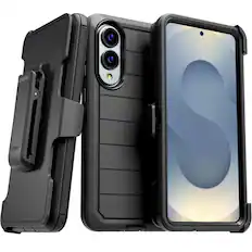 Front. RomeTech - Defender Case for Samsung Galaxy S25 Edge with Belt Clip, Kickstand, Dual-Layer, Black - Black.