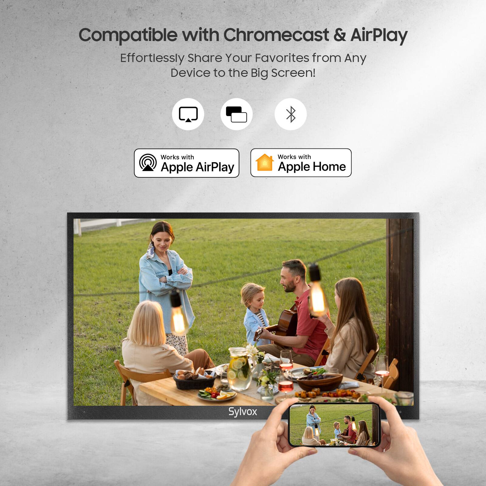 Compatible with Chromecast & AirPlay  
Effortlessly Share Your Favorites from Any Device to the Big Screen!  
Works with Apple AirPlay  
Works with Apple Home